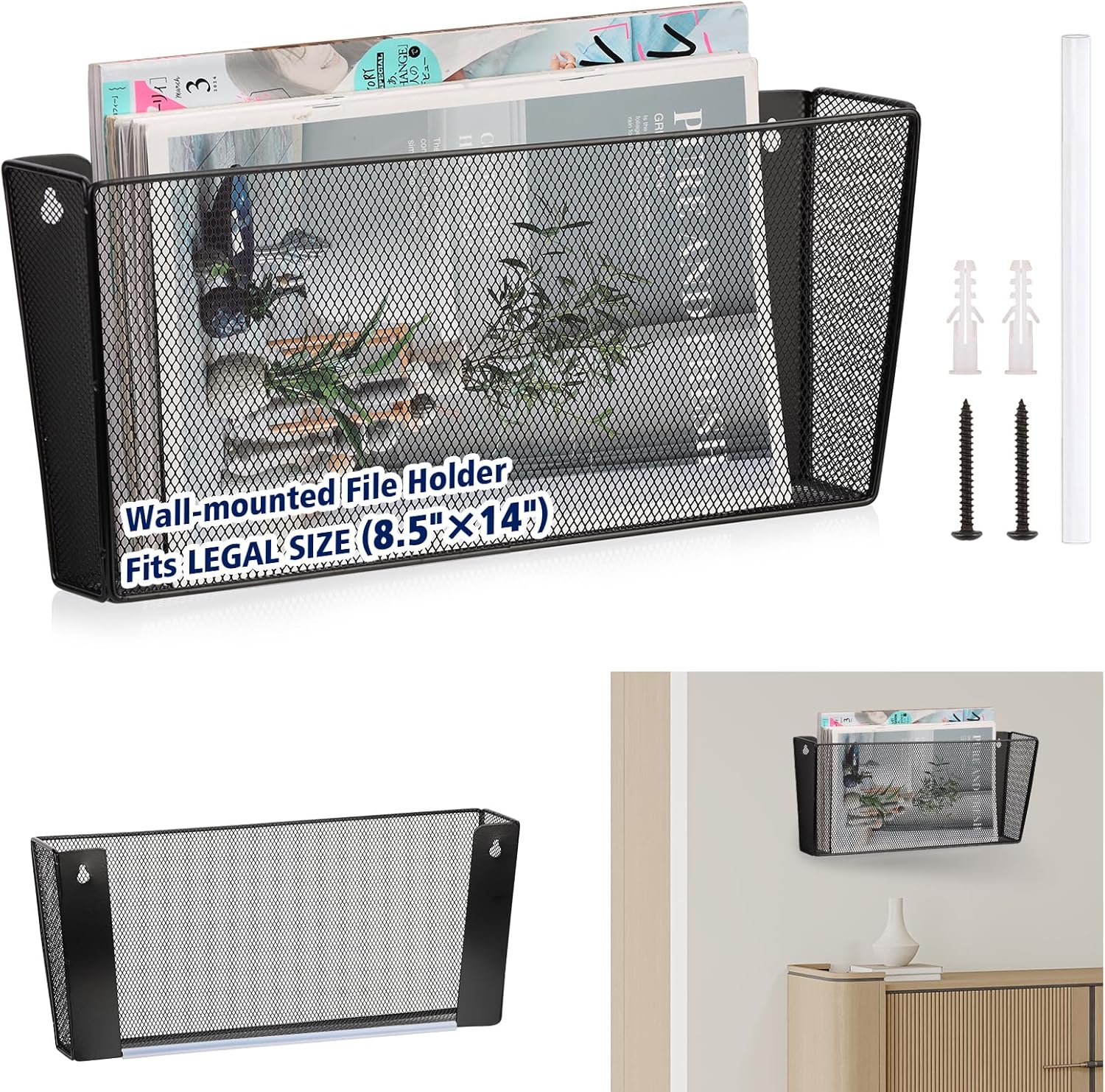 2 Pack Legal Size Wall Amount Pocket File Holder Metal Mesh Hanging Wall File Organizer Black Single File Pocket Wall Mounted Mail Organizer Magazine Rack for Office Home School 15.7" L x6.9" Wx3.4" H