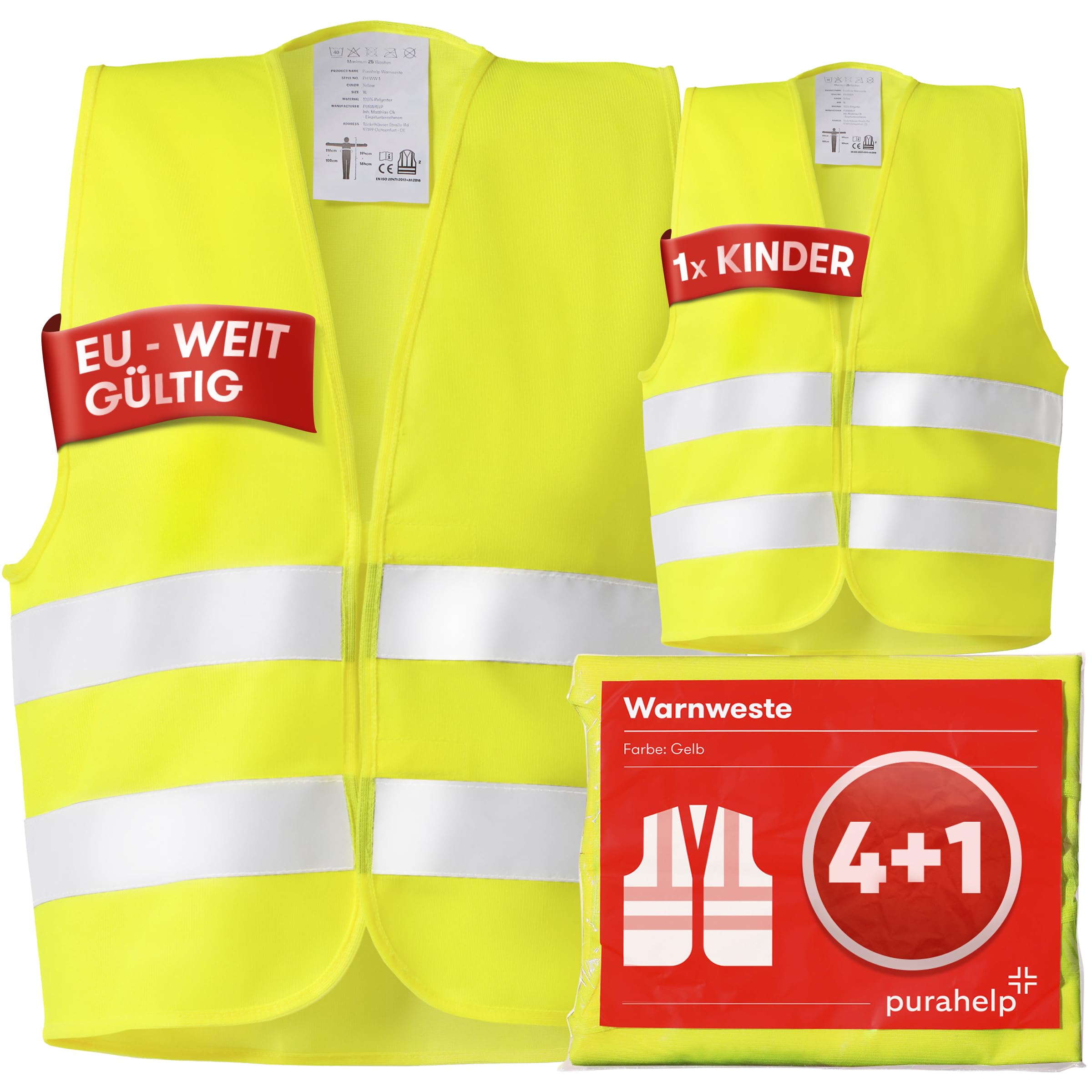 PURAHELP Warnwesten Auto 5er 4+1 Set Europaweit gültig nach EN ISO 20471 - Reflektierende Warnweste Auto inkl. Kinderweste - Sicherheitsweste Auto Warnweste Gelb - Warnschutzweste Sicherheitswesten
