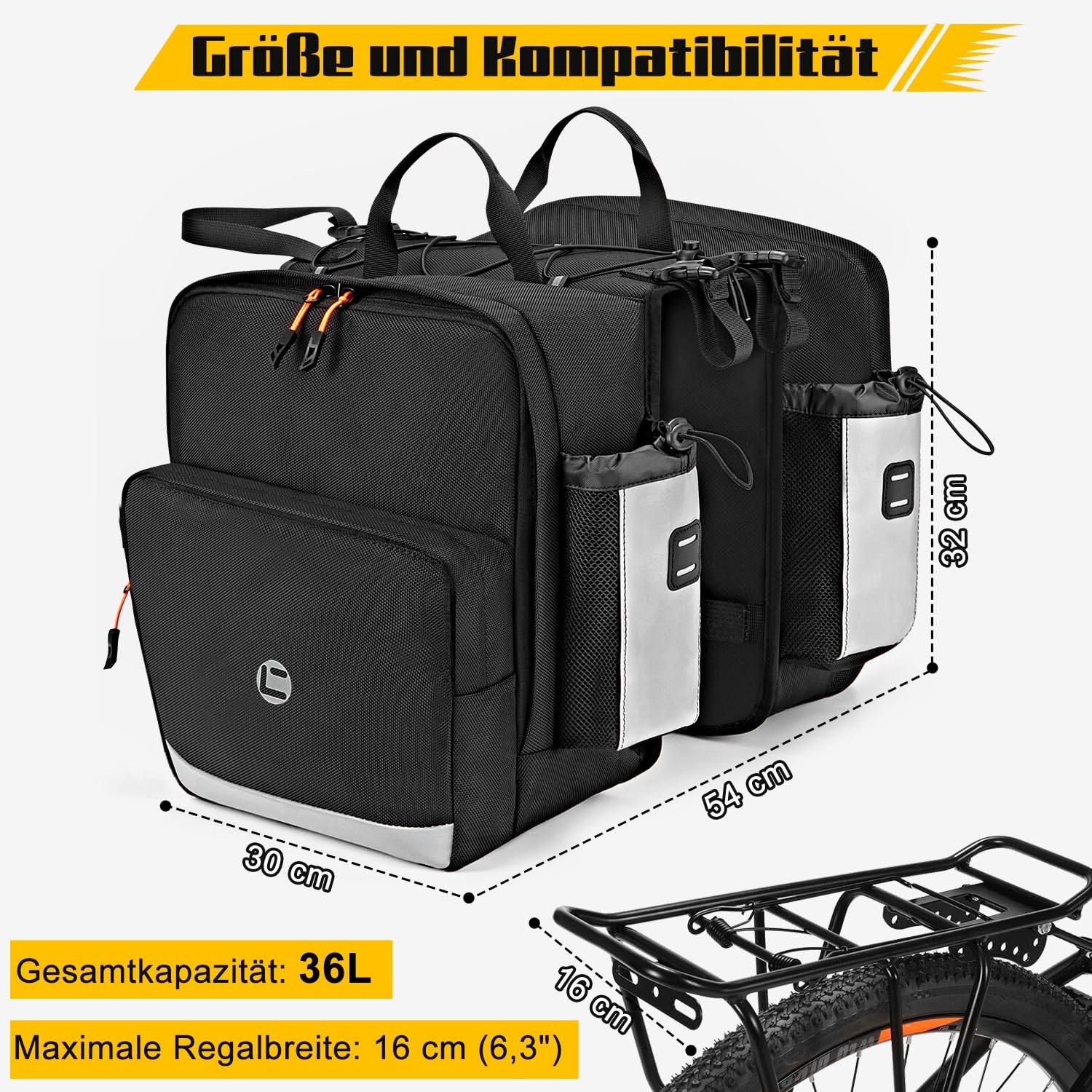 WOTOW Fahrrad-Satteltasche - 36L Wasserfeste Fahrrad-Heckgepäcktasche mit Reflektierenden Streifen und Griffen, Elektrische Fahrradsatteltaschen für Radfahren, Reisen und Pendeln