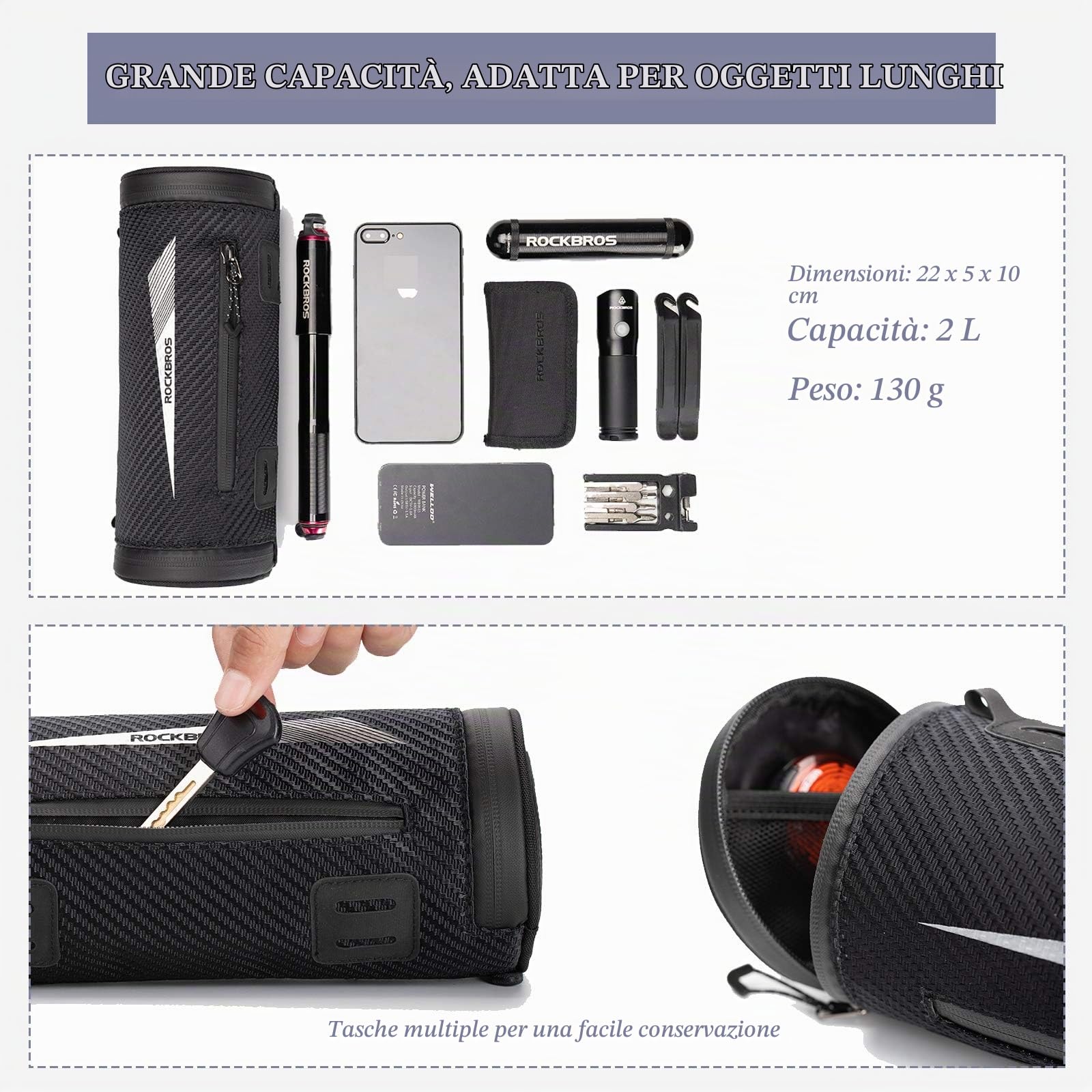 ROCKBROS Borsa Bici Manubrio 2L + Campanello Bici Mini, per 22,2-31,8mm | Idrorepellente Riflettente Design Portatile con Tracolla + 90dB Installazione Semplice per Bici da Corsa e MTB