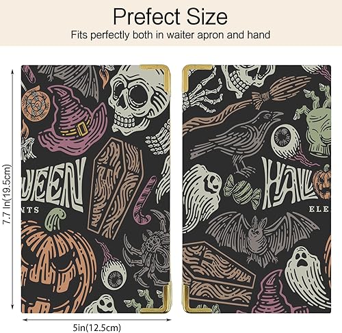 Miniatura 4 de Libros para camarera  Cartera de cuero sintético con estampado de Halloween para camarero con bolsillo con cremallera, diseño de calaveras y