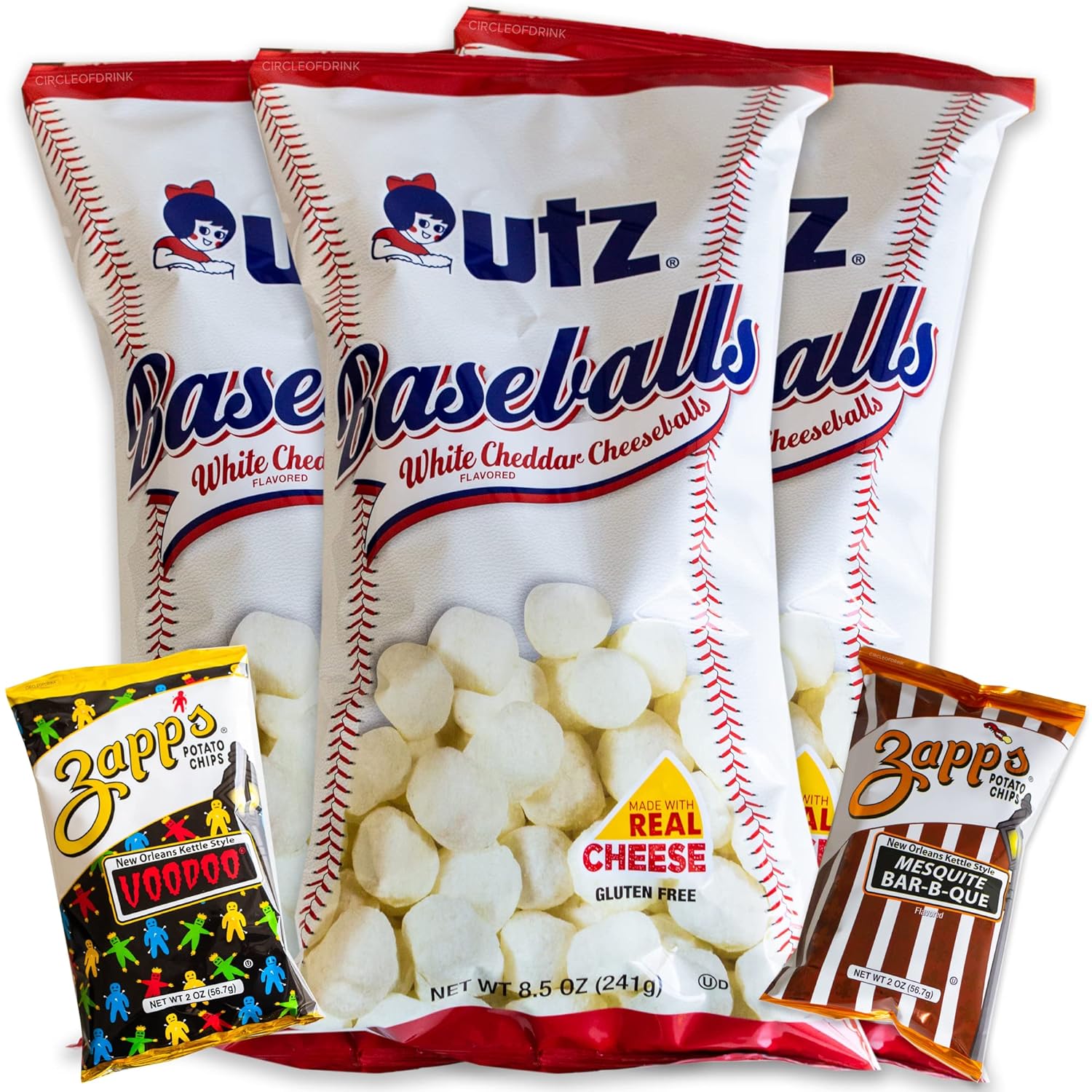 Utz Baseballs White Cheddar Cheese Balls (3, 8.5oz bags) - Variety Pack - Zapp's Mesquite BBQ (1, 2oz) - Zapp's Voodoo Kettle Chips (1, 2oz) - Delicious Snacks - 5 Items Total