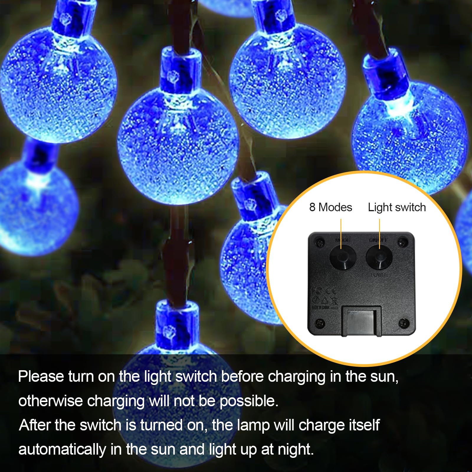 LQWELL® Catena di luci solari per esterni, giardino, luce a energia solare, sfere di cristallo, 30 LED, 8 m, IP44, 8 modalità, per esterni, giardino, terrazza (8M 30LED Blu)