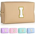 TOPEAST Preppy Makeup Bag, Cute Makeup Pouch PU Leather Waterproof Cosmetic Bag, Personalized Birthday Gifts for Mom Teacher Friends Bridesmaids Nurse, Trendy Stuff for Girls (Khaki I)