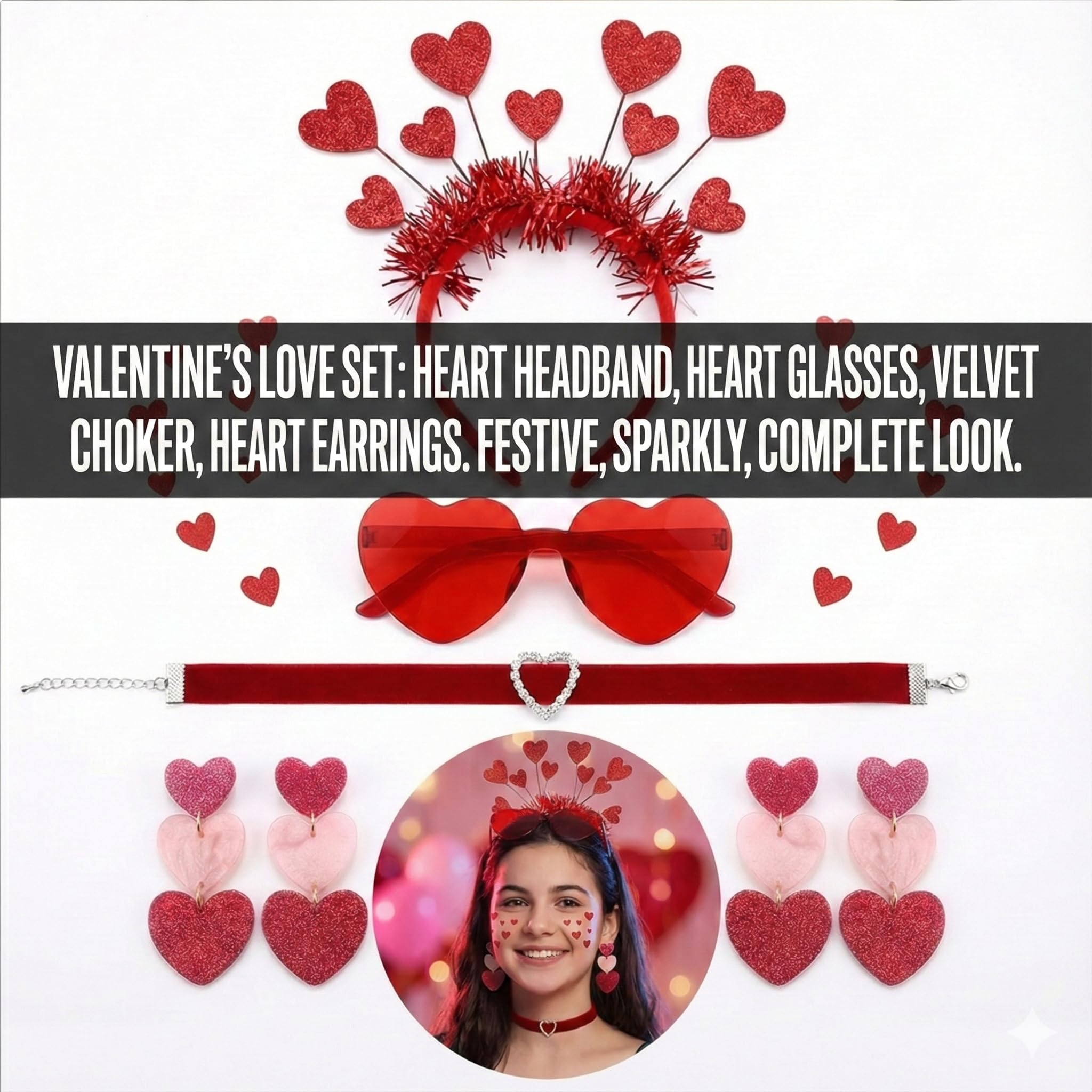 CLDURHGE Heart Shaped Sunglasses Accessories Set, 1 Pair Adult Red Glasses, Headband, Earrings, Face Stickers & Choker - Image 4