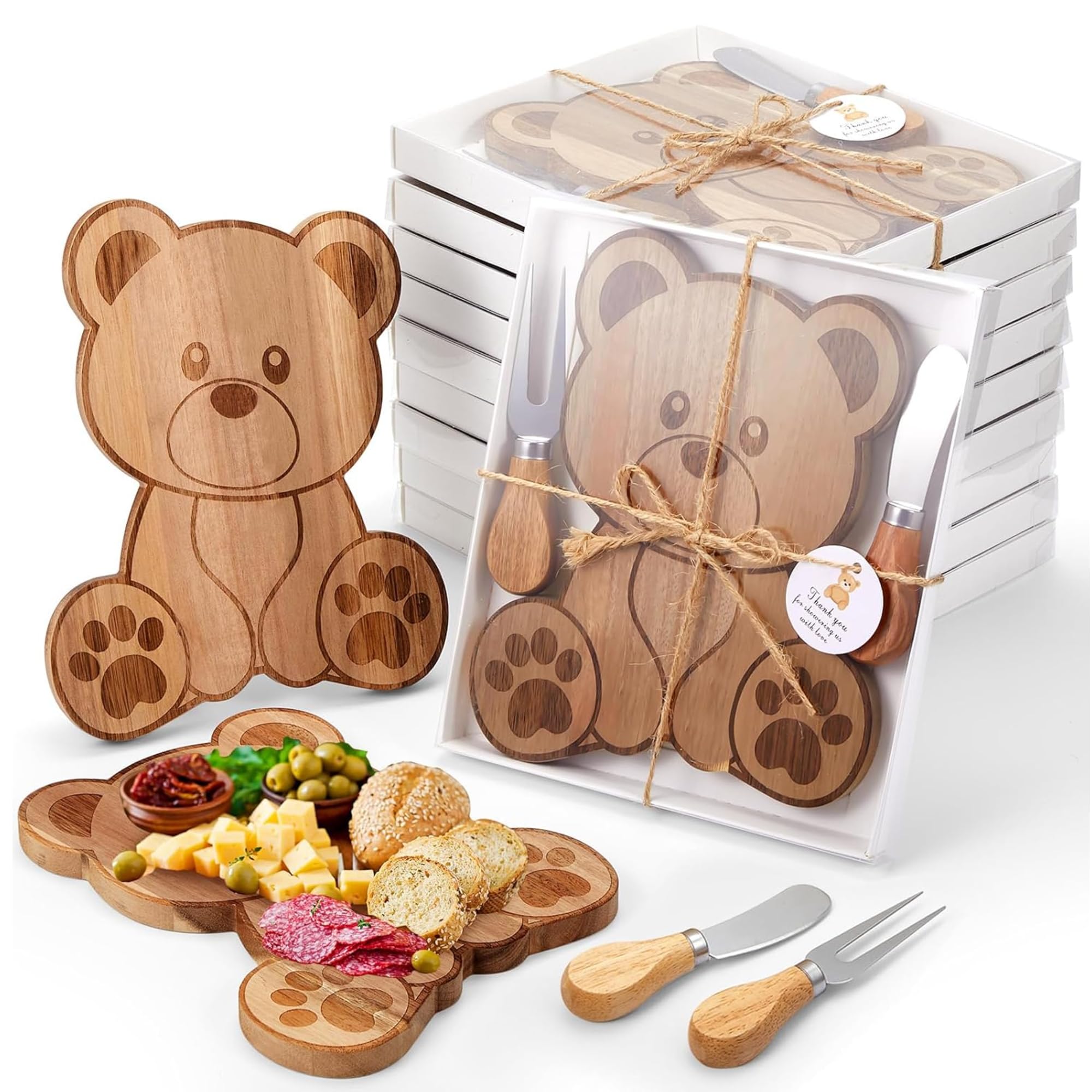 Ziliny 12 Set Baby Shower Prizes Bear Shaped Cheese Board with Cheese Knives and Forks Baby Shower Party Favors Gift Box for Wedding Bridal Birthday Gender Reveal Favor (Acacia Color)