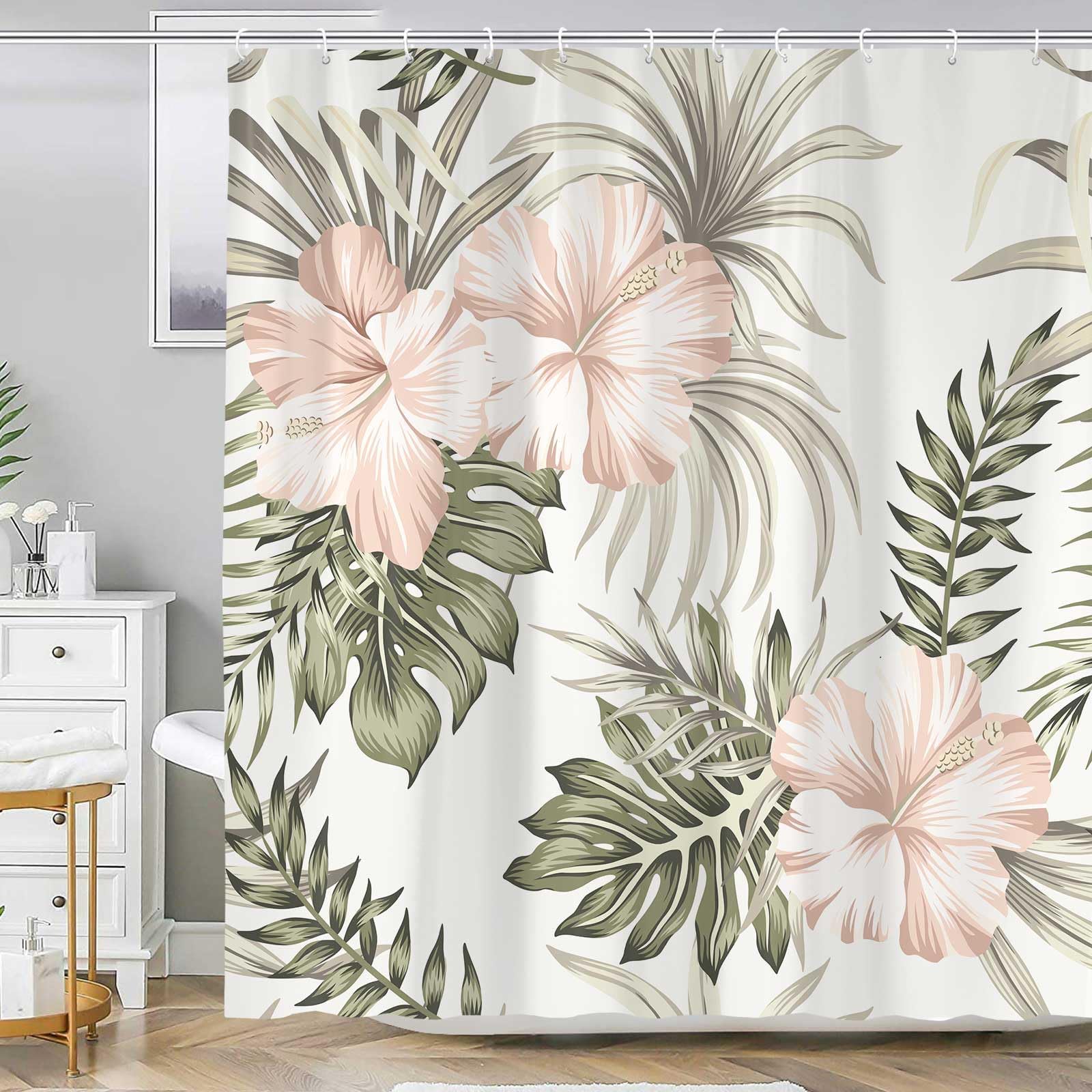 Emwnodti Tropical Floral Plant Shower Curtain for Bathroom, Vintage Hibiscus Flower Palm Leaves Sage Green Pink Shower Curtains Set, Foliage Fabric