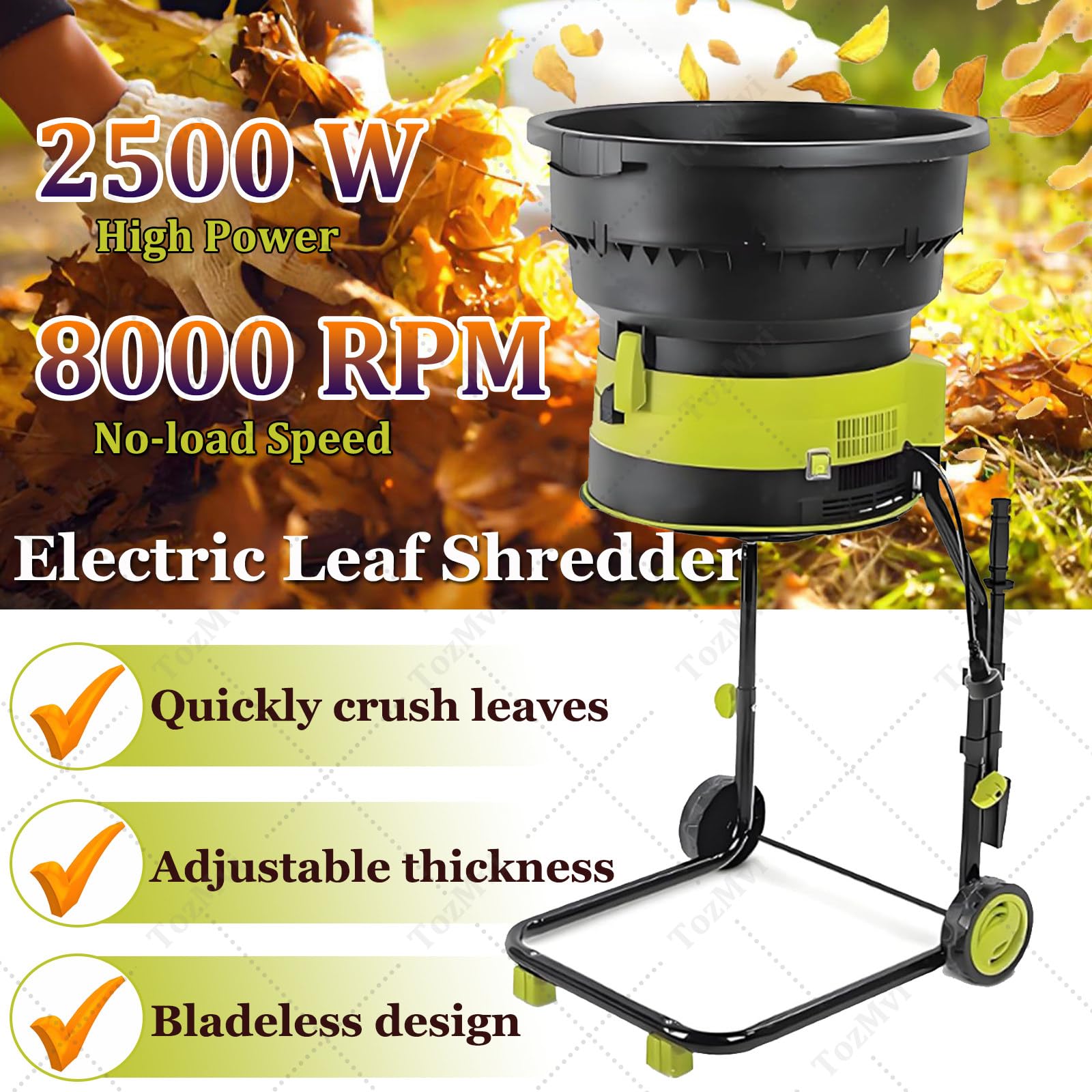 Trituradora De Hojas Eléctrica De 2500 W con Ruedas, 8000 RPM, Herramienta De Limpieza para Jardín, Trituradora De Compost para Jardín, Incluye Bolsa De Almacenamiento Nopowercord