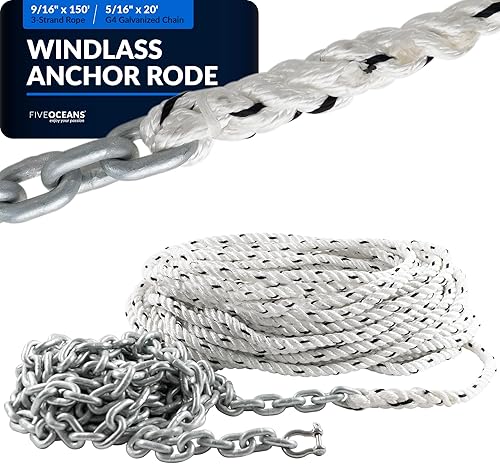 Five Oceans Windlass - Cuerda de anclaje de nailon de 3 hebras con cadena calibrada HT G4 de acero inoxidable con grillete de acero inoxidable Five Oceans Windlass - Cuerda de anclaje de nailon de 3 hebras con cadena calibrada HT G4 de acero inoxidable con grillete de acero inoxidable