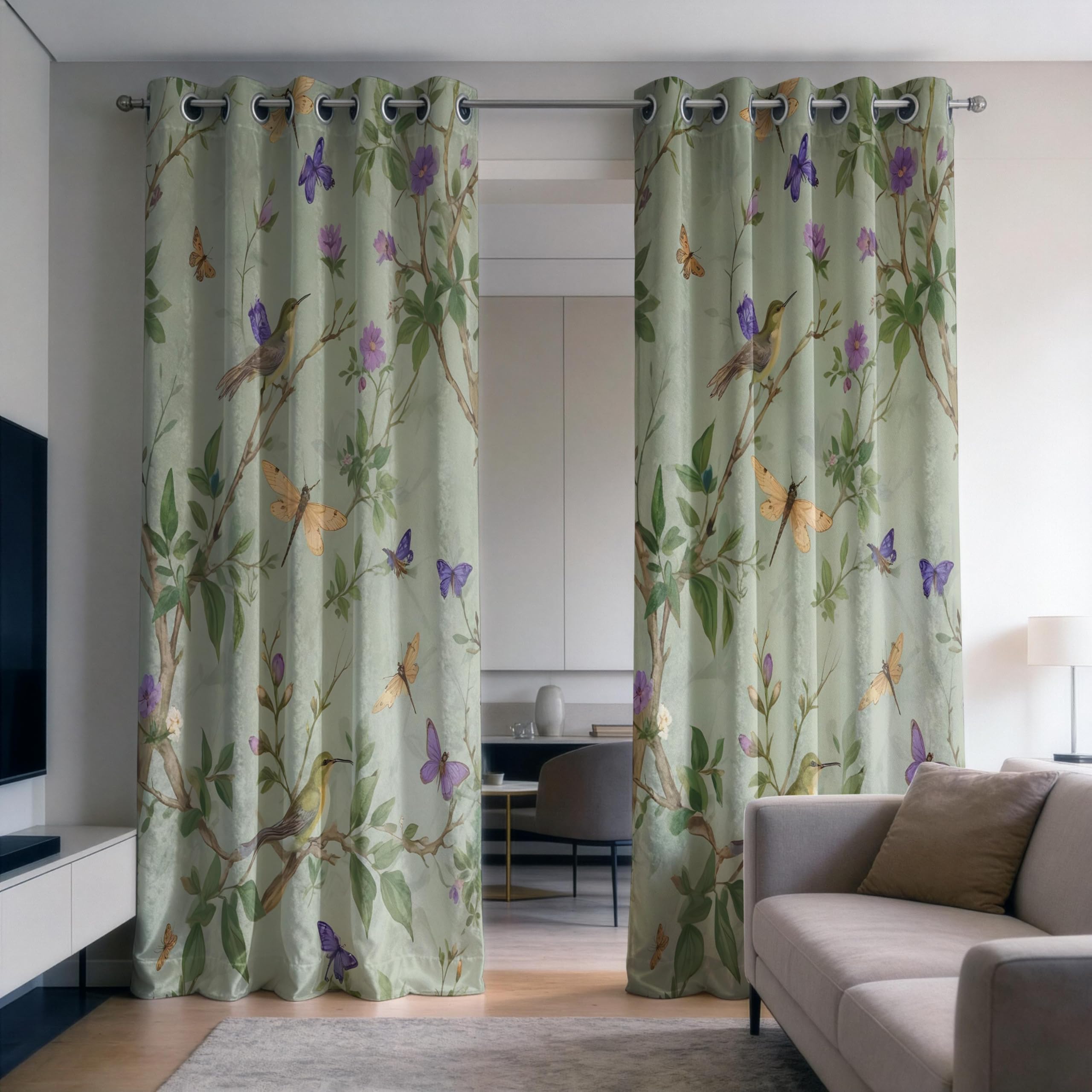 IKDZCM Bird Butterfly Blackout Curtains for Bedroom, Green Botanical Drapes, Floral Nature Window Panels for Living Room(WxH/2x85x200cm)