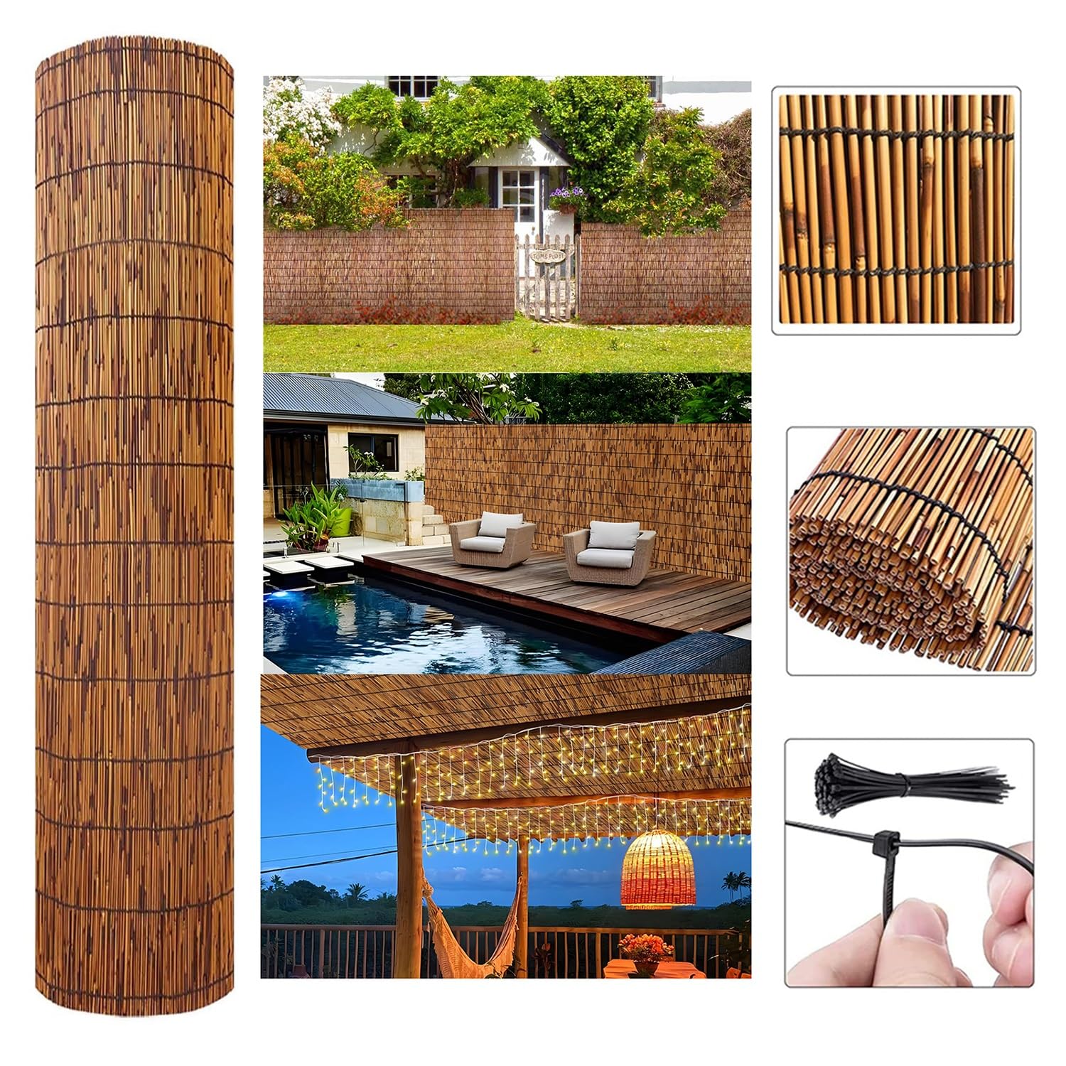 Este Rollo de Paneles de bambú Decorativos para Vallas de jardín es Natural, Ideal para Bloquear el Sol y brindar privacidad, con una Altura de 2 a 5 pies (3,3 x 20 pies / 101 x 610 cm).