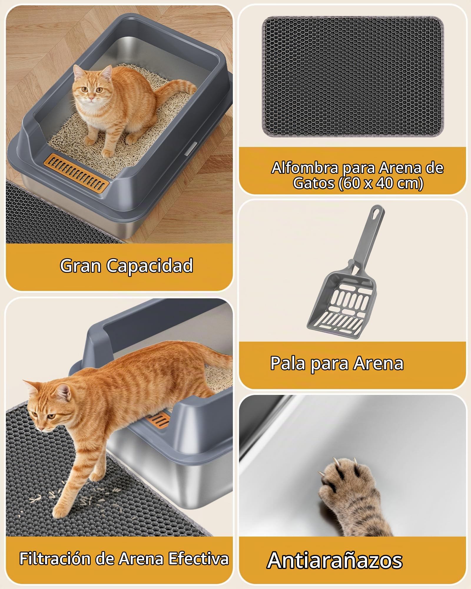 Hzuaneri Arenero de Acero Inoxidable XXL, Arenero para Gatos Grandes 30L 60x40x26 cm, Caja de Arena con Bordes Altos Semicerrado, Antiadherente, con Pala y Alfombrilla, Gris Oscuro LB89799G