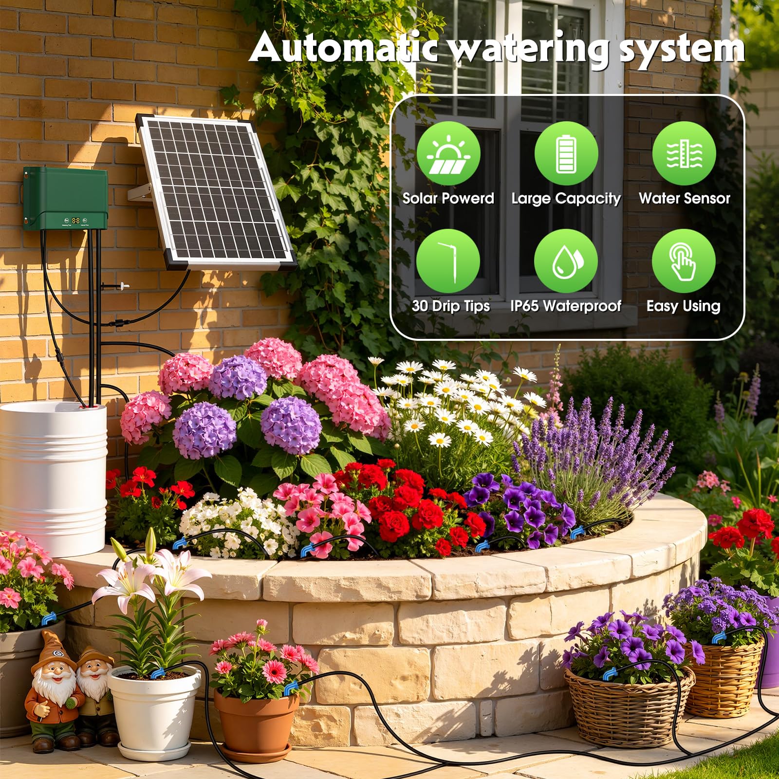 Sistema de Riego Solar para Jardín,10W Kit Riego por Goteo Automatico con Tubo de Agua Exterior, Temporizador Riego por Goteo Solar para Vacaciones Terrazas de Balcones Macetas Césped Plantas