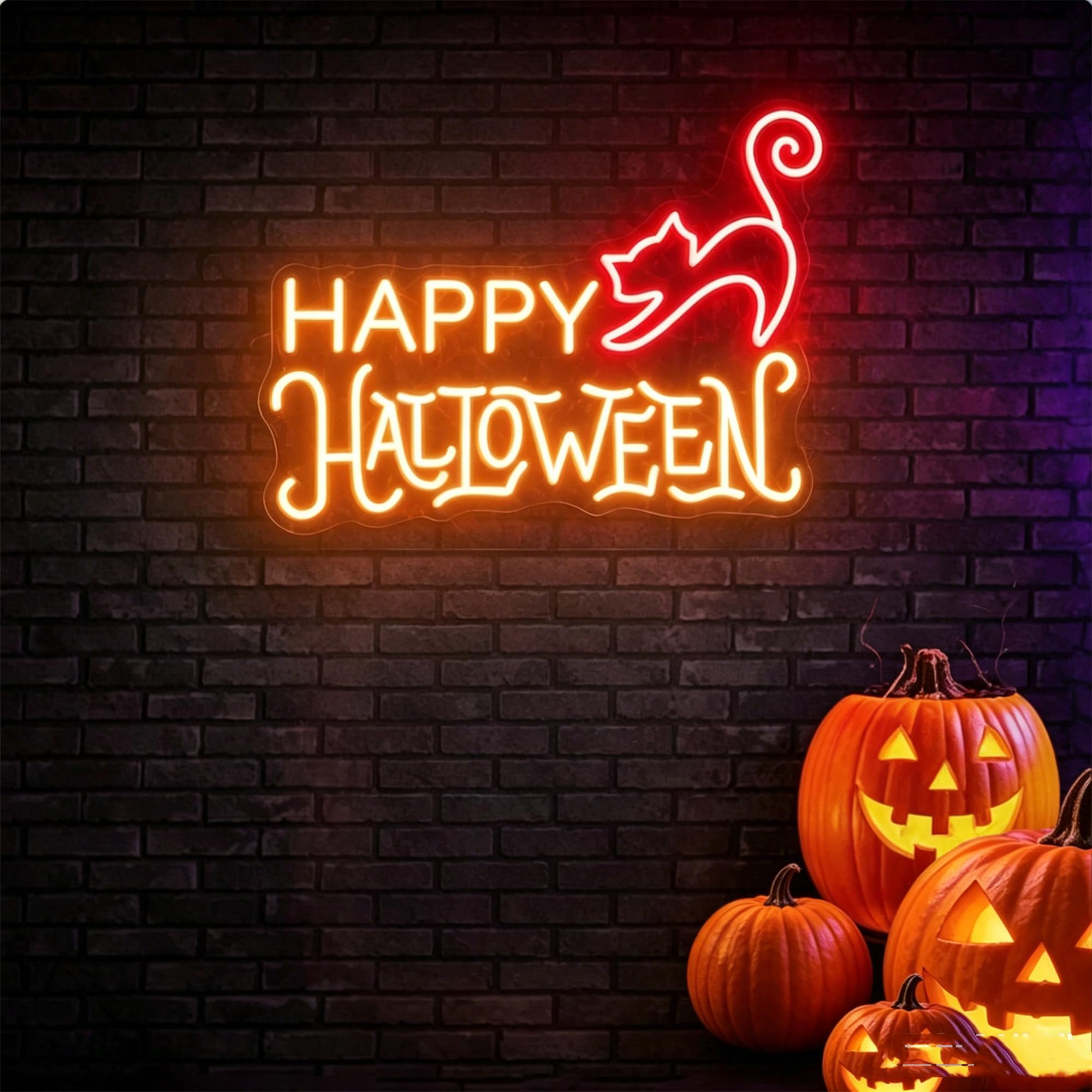 Happy Halloween Neon Sign, 15" x 10" Dimmable LED Neon Light, Red Spooky Cat Wall Decor, USB Powered Halloween Party Art for Indoor Home Bedroom
