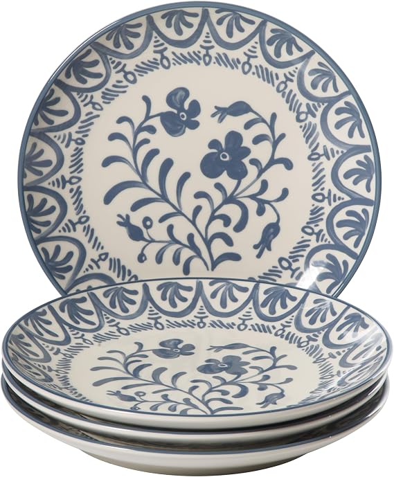 Bloomhouse - 2-Time Oprahs Favorite Things - Valencia Flor 4 Piece 10.75 Dinner Plate Set, Stoneware Plates, Mediterranean Floral Decal Design, Microwave & Dishwasher Safe, Iris Blue