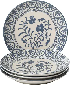 Valencia Flor 4-Piece Dinner Plate Set, 10.75 inch, Stoneware, Mediterranean Floral Design, Microwave & Dishwasher Safe