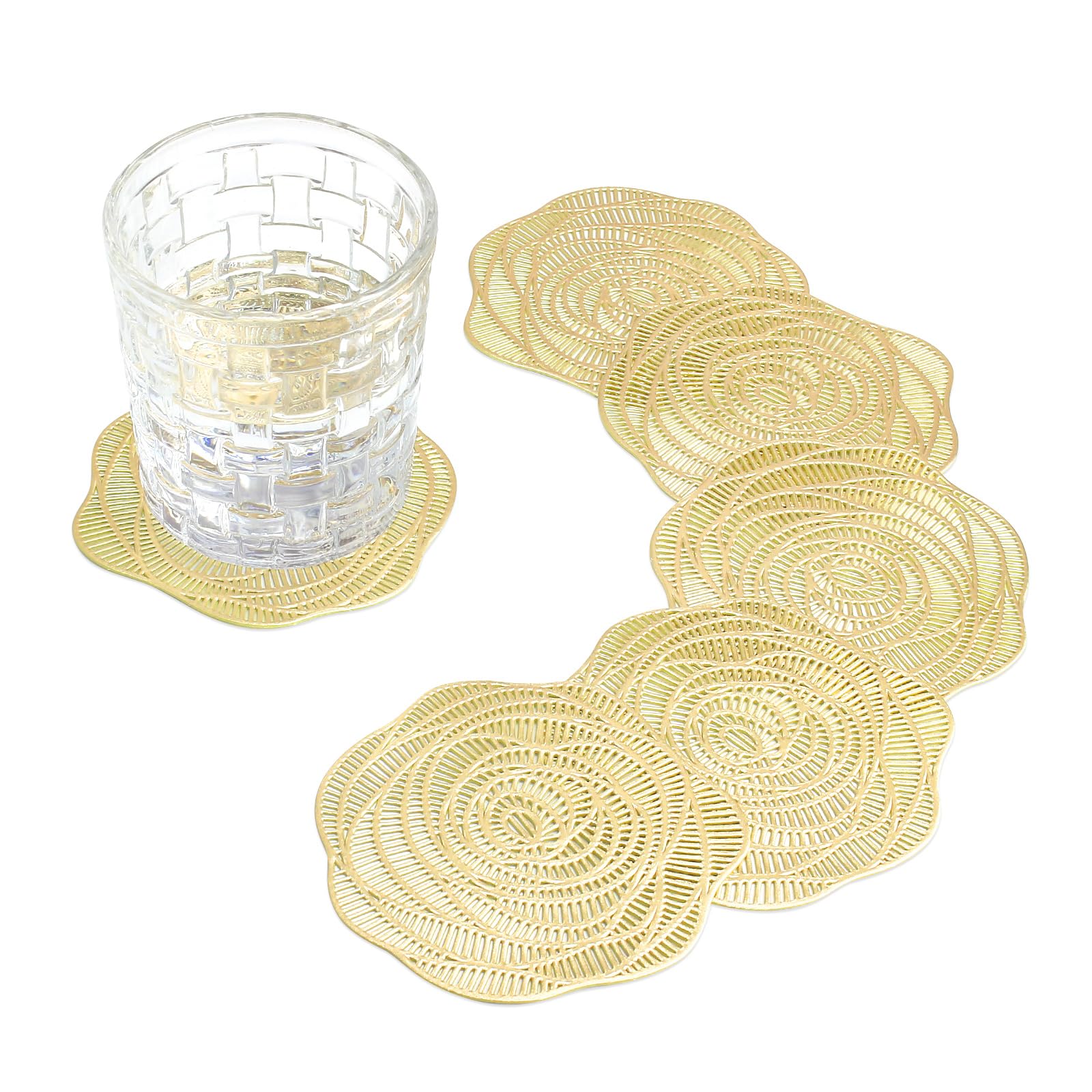 Set Of 6 Hollow PVC Coasters - Gold Round Table Decor For Weddings & Parties