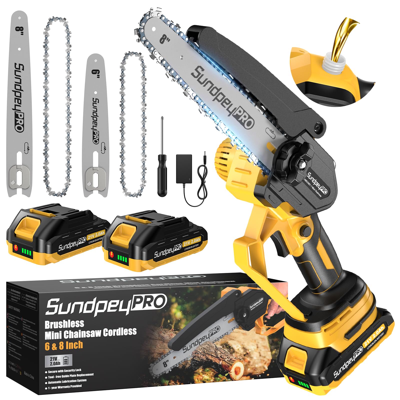 SundpeyPRO Mini Chainsaw Cordless 8 & 6 Inch - 21V Brushless Battery Chainsaw with 2x2.0Ah Batteries, Handheld Small Electric Chain Saw with Auto Oiler/Safety Lock for Tree Pruning & Wood Cutting
