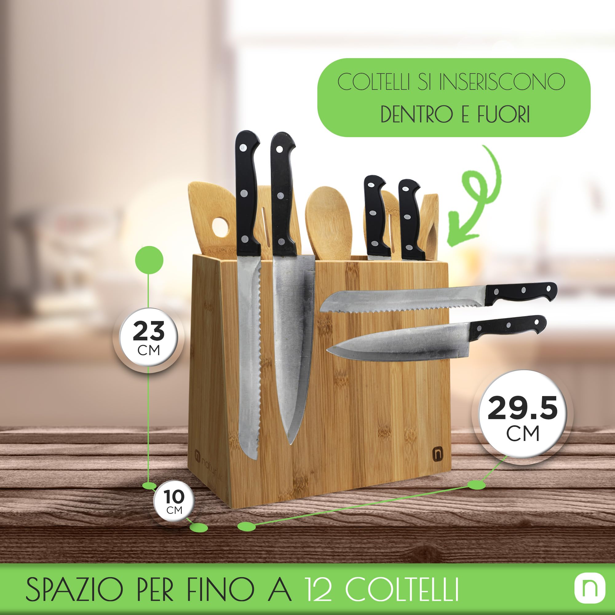 naturlik portacoltelli magnetico con 5 mestoli inclusi - 2 in 1: portacoltelli e portautensili da cucina - Portacoltelli da cucina in bambù - Organizzatore cucina