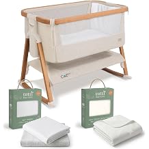Tutti Bambini CoZee  Air Bedside Crib Bundle with Mattress Included   Baby Bassinet, 2 Fitted Sheets & Waterproof Protector - Walnut & Ecru