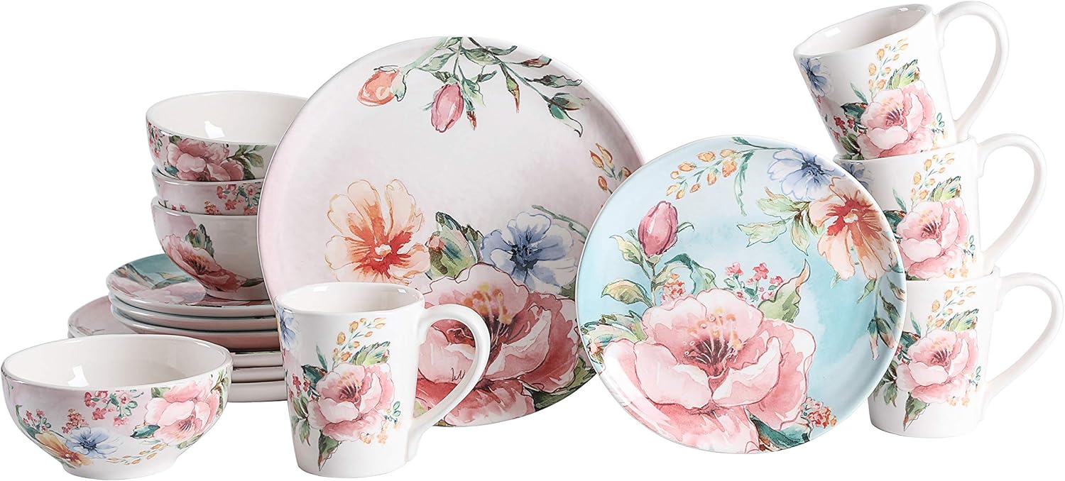 Bico Margret's Garden Ceramic 16 pcs Dinnerware Set, Service for 4, Inclusive of 11 inch Dinner Plates, 8.75 inch Salad Plates, 24oz Cereal Bowls and Mugs, for Party, Microwave & Dishwasher Safe