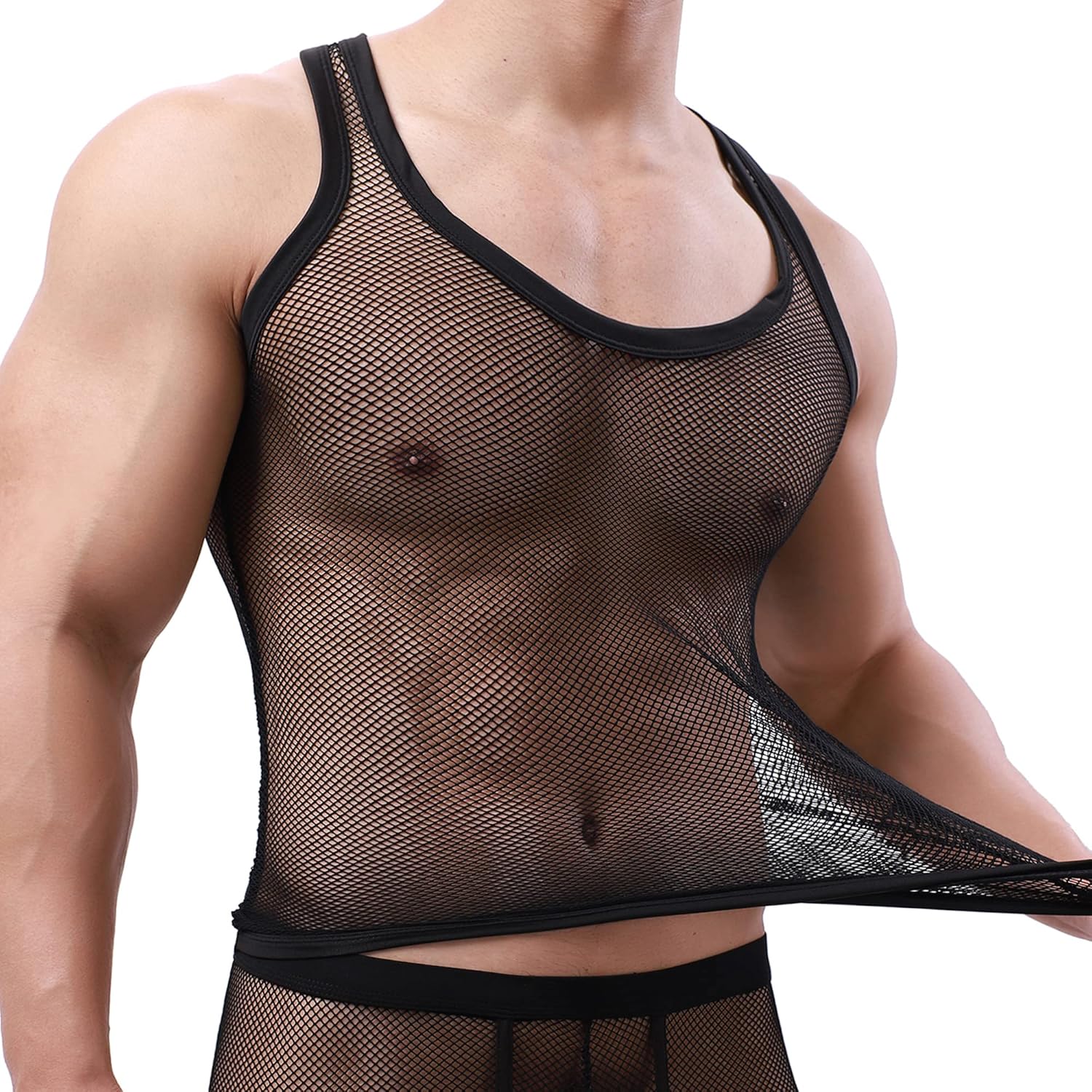 Sexy Men's T-Shirt Mesh Fishnet Sleeveless Undershirt Hollow Out Tank Top - Image 2