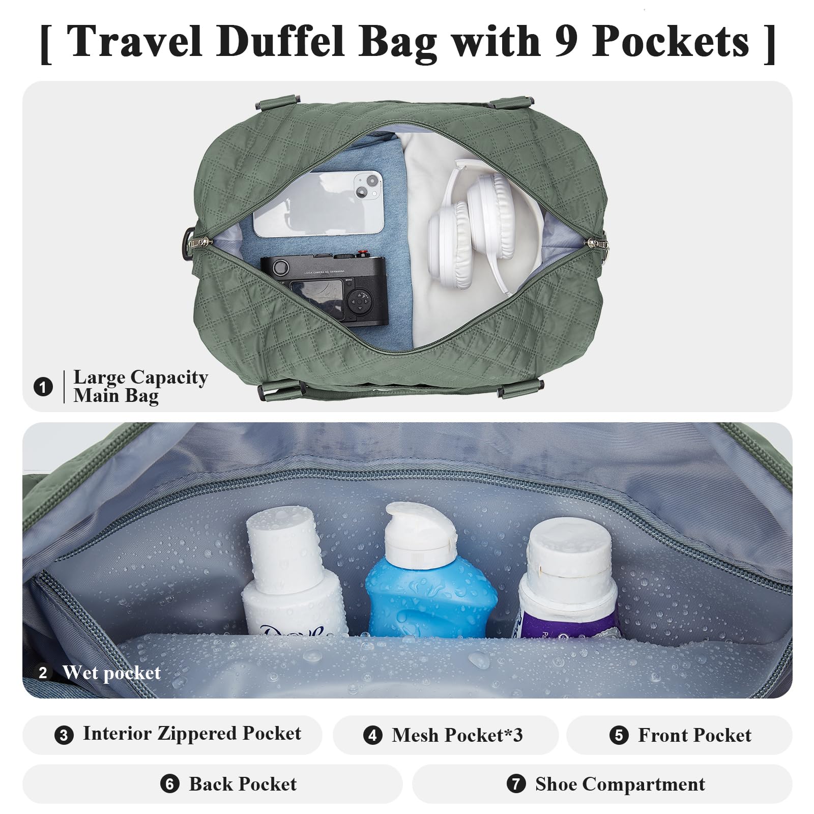 Borsone da Viaggio Donna, Bagaglio a Mano Borsa da Viaggio con Scomparto per le Scarpe, Borsa Sportiva Borsone da Palestra Grande, Borsa da Weekend, Borsa per Ospedale,H8-Verde militare