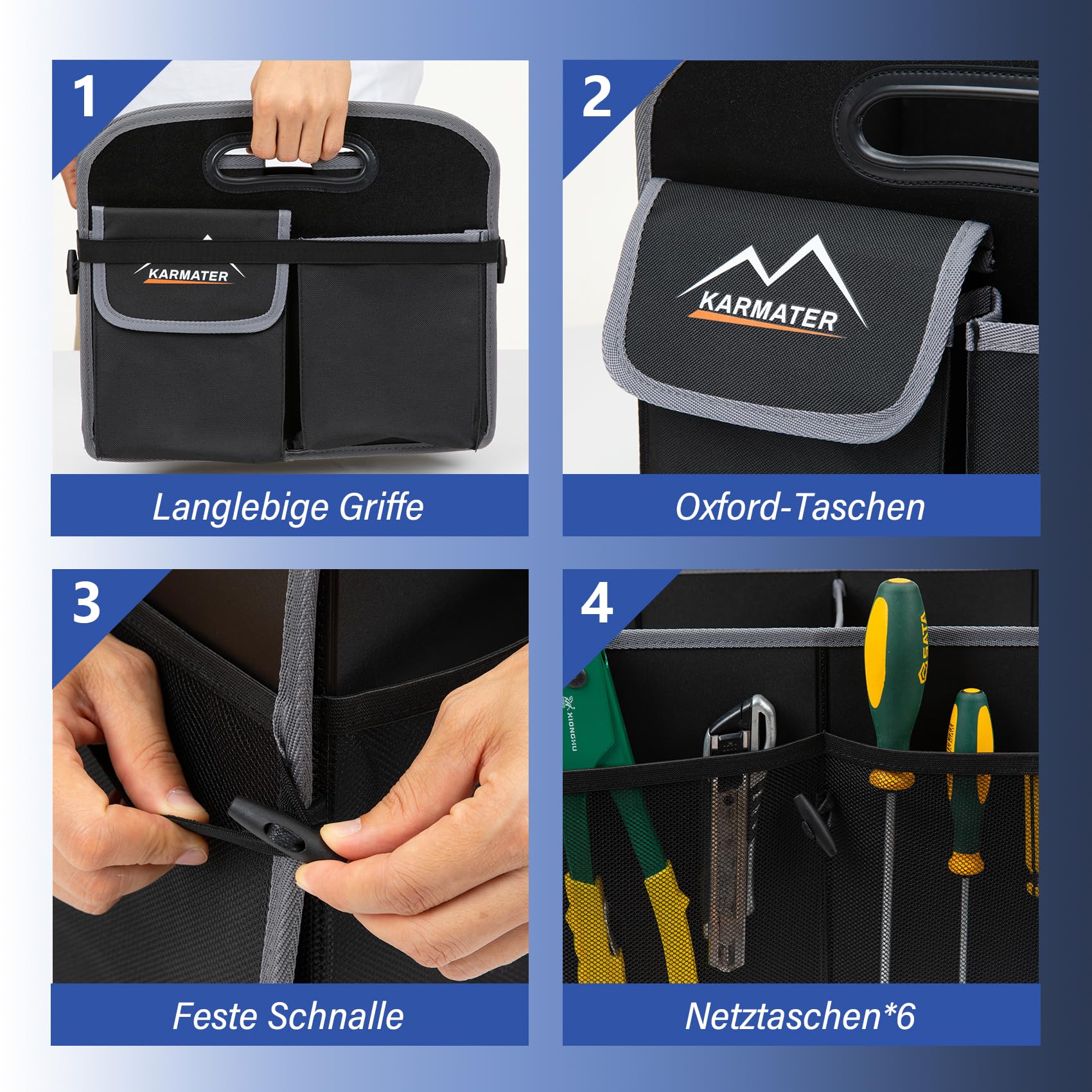 M KARMATER Kofferraum Organizer: 70L Wasserdichte Kofferraumtasche Mit 2 Großen und 6 Kleinen Fächern - Langlebige Box Für Auto
