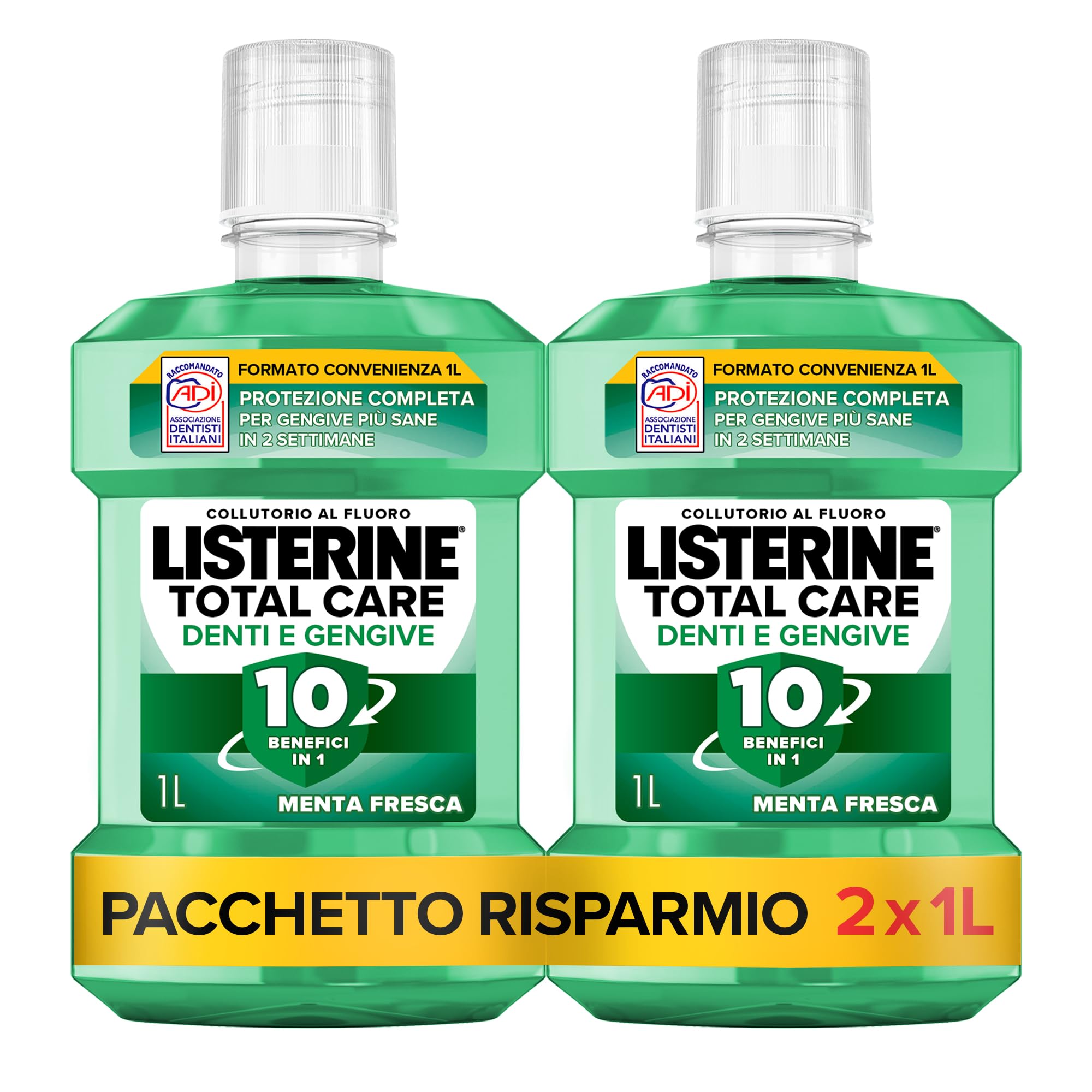 LISTERINE Total Care Denti e Gengive, Collutorio al gusto di Menta Fresca, Collutorio al Fluoro con 10 benefici in 1 per una protezione completa, Confezione da 2x1L – Esclusiva Amazon