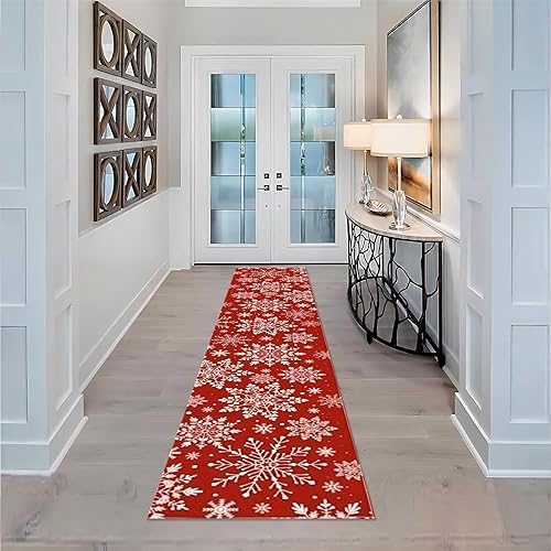 Miniatura 2 de Alfombra de pasillo de Navidad de 2 x 10 pies, para pasillo, alfombra con copos de nieve blancos sobre fondo rojo, alfombras interiores modernas de