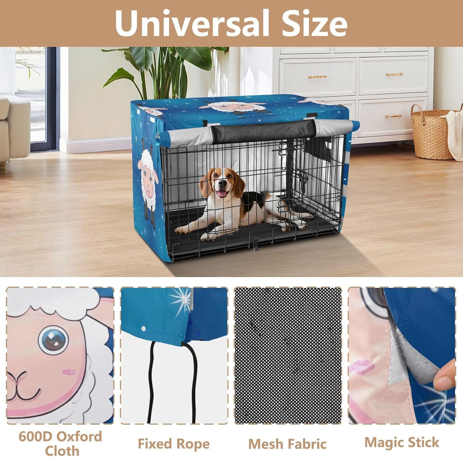 Cute Sheep Stars Blue Pet Cage Cover with Mesh Windows, Wind-Resistant Dog Cage Covers, X-Large