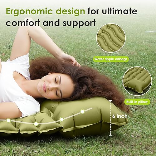 Miniatura 3 de Colchoneta de dormir autoinflable para campamento, catres portátiles de 4 pulgadas extra gruesos para adultos con almohadas y bomba de pie