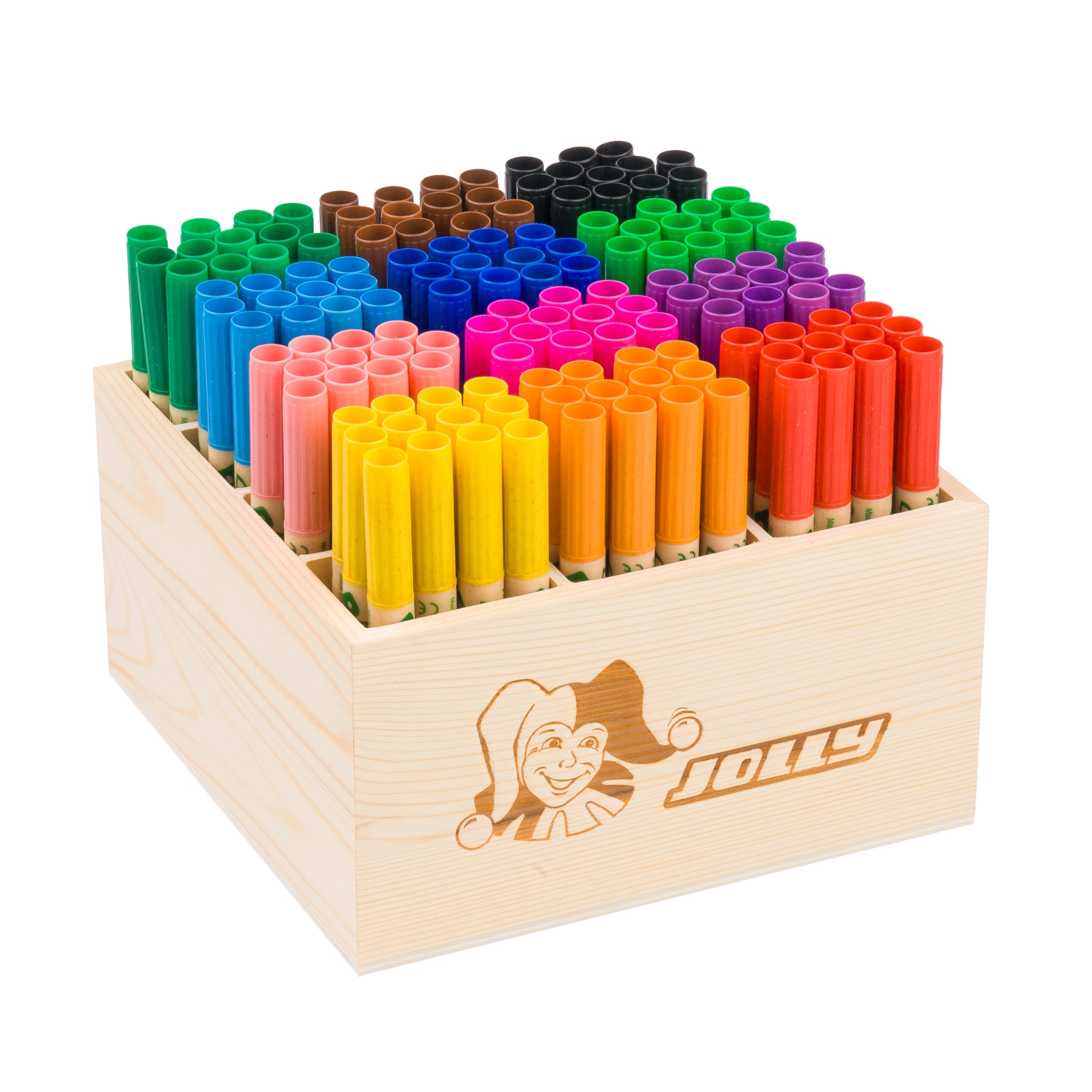 JOLLY Classpack – Wood, Booster XL Nature, Basic Colours, scatola di legno con 144 pennarelli in fibra, 12 colori di base, lavabile e atossico, punta extra spessa, ideale per la scuola e l'asilo