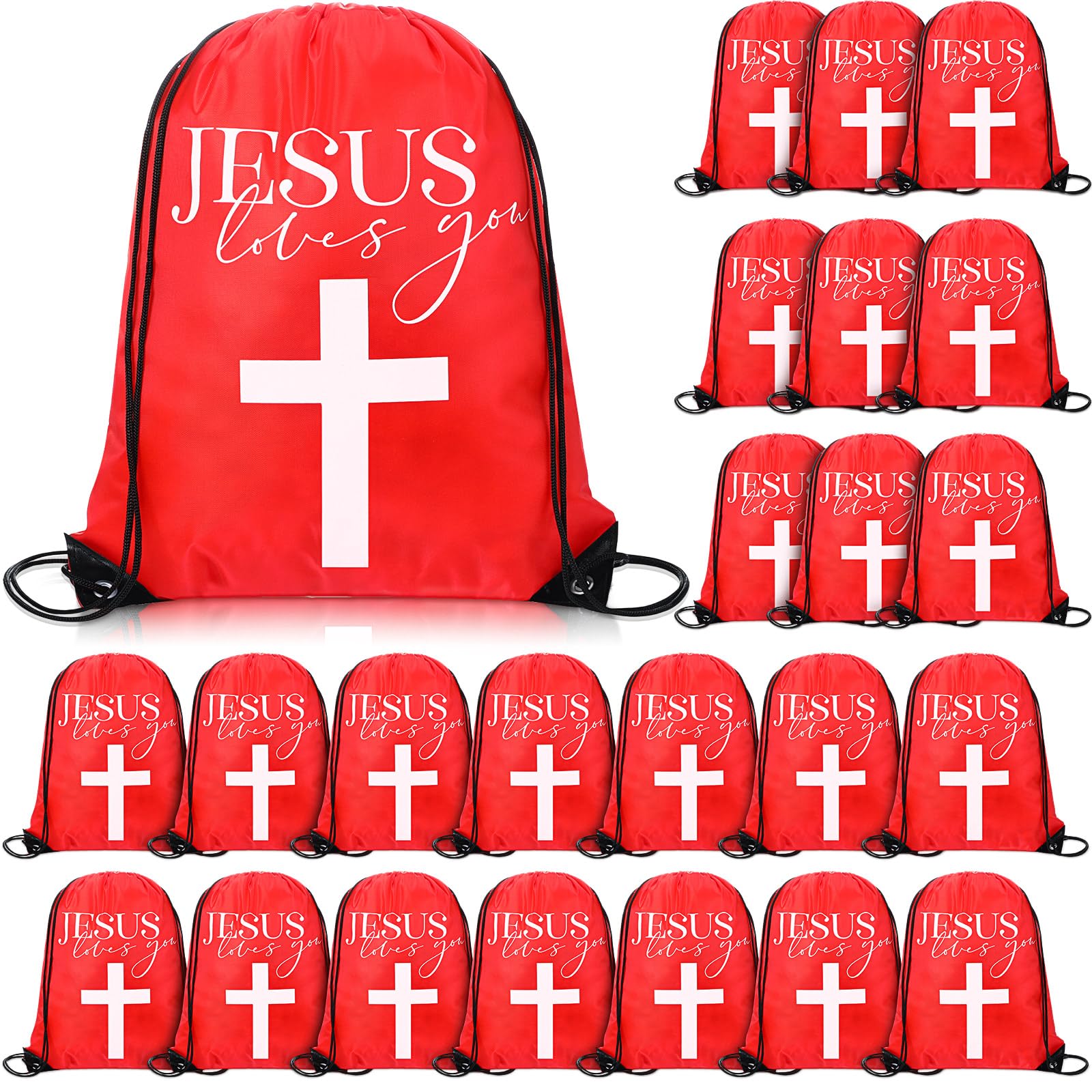 24 Pcs Christian Drawstring Bags Jesus Loves You Religious Backpack for Vbs Catholic Christian Bulk Gifts(Red)