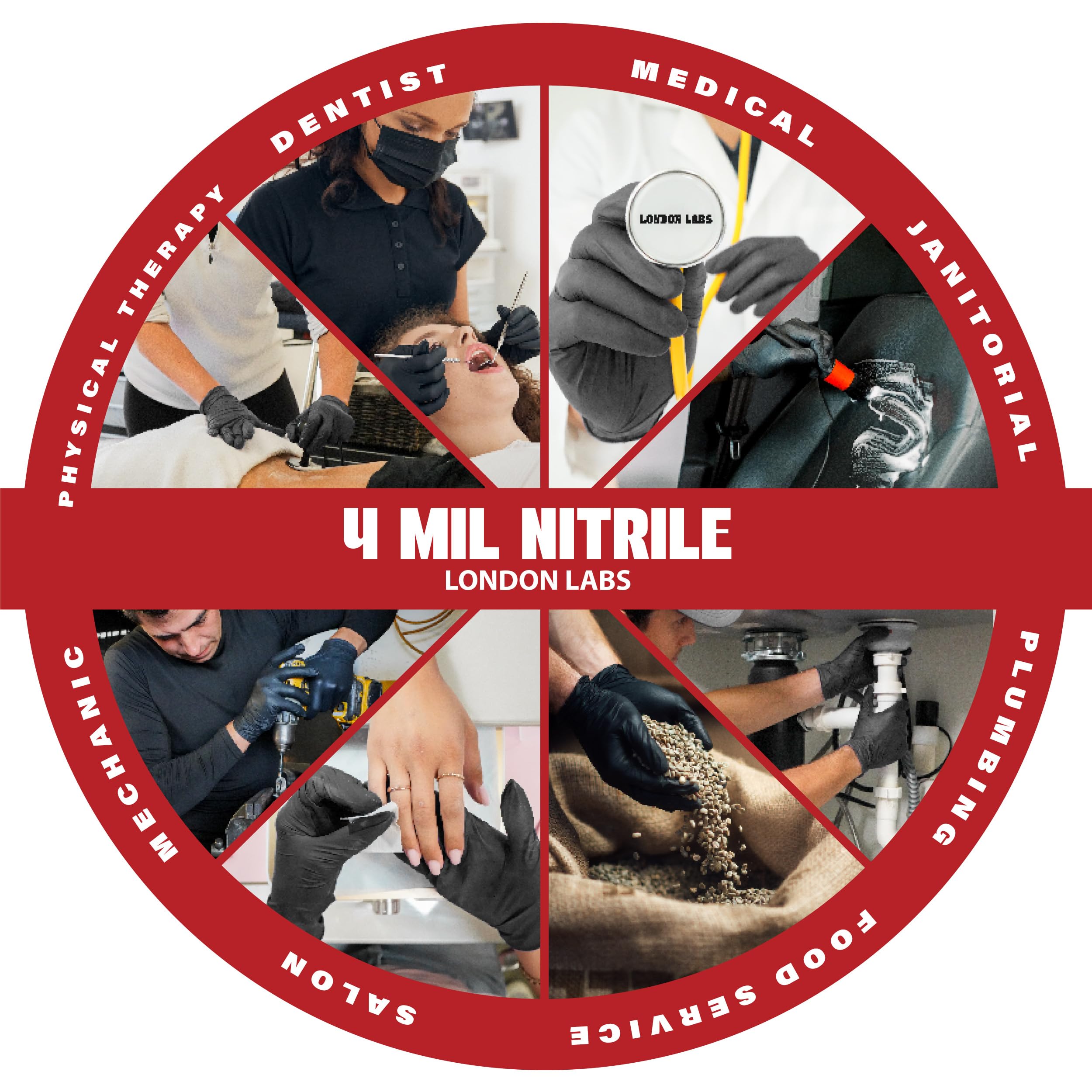 London Labs Synsafe - Guantes de examen de nitrilo negro de 4 mil, desechables sin látex y sin polvo, extra fuertes, guantes de goma, kit de primeros auxilios, médicos, EMT, limpieza, cocina, caja a