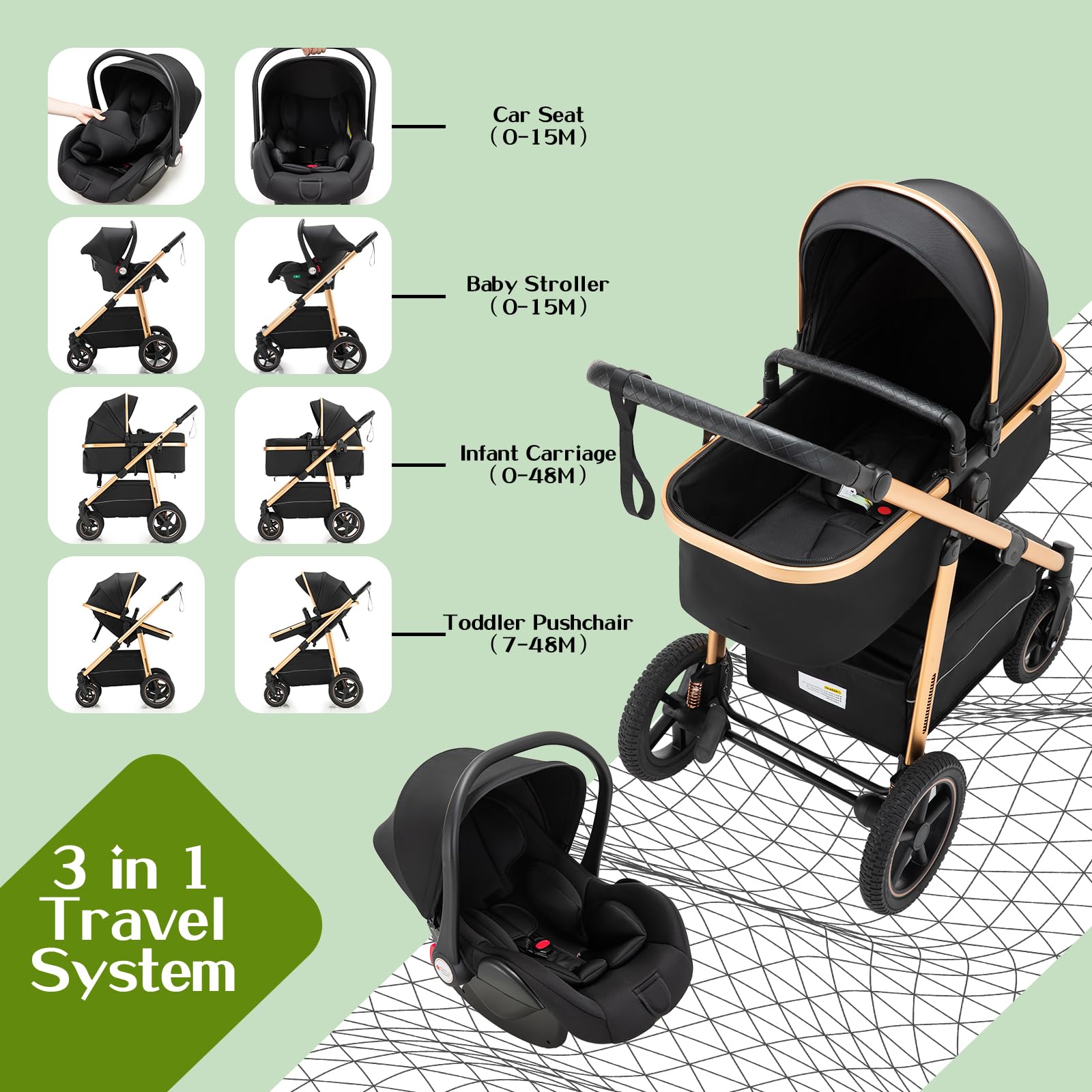 3 en 1 Cochecito de Bebé, Sistema de Viaje, Carrito Bebé Asa Regulable en Altura, Silla de Paseo, Capazo y Asiento de Cochecito, Mosquitera, Cochecito con chasis de aluminio(0-4 Años, 22KG)