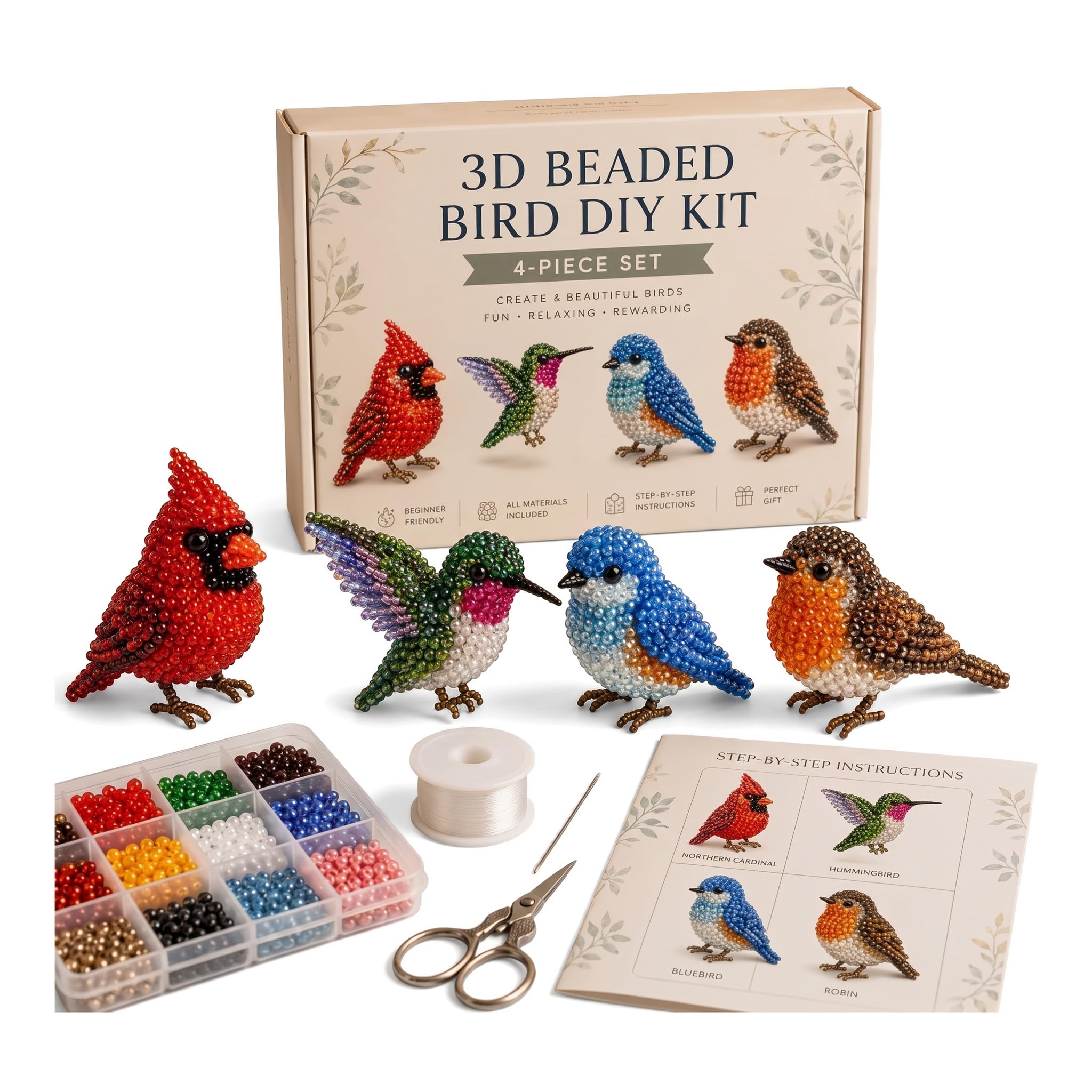 Generic DIY Kit, 3D Beaded Animals DIY Craft Set, Handmade Animal Bead Embroidery for Adults Teens, Complete with Instructions, Includes All Materials, Easy for Beginners, Animal Decor (Bird)