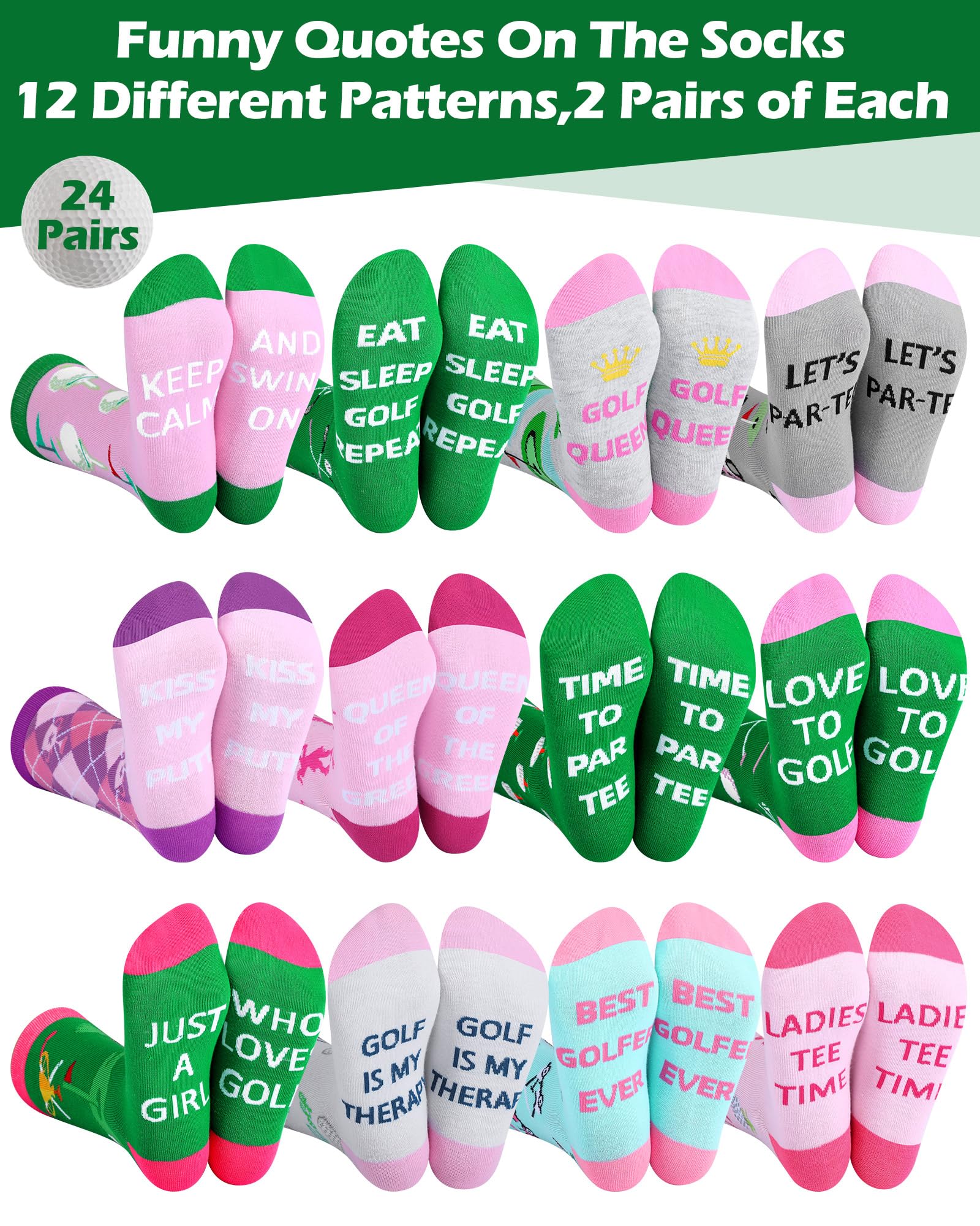 Patelai 24 Paar Damen-Socken mit Golf-Motiv, lustige Golf-Outfits, bunte Freizeitsocken für Golfer, Damen, Geburtstags- und Weihnachtsgeschenke, Mehrfarbig/Meereswellen (Ocean Tides), 9-11
