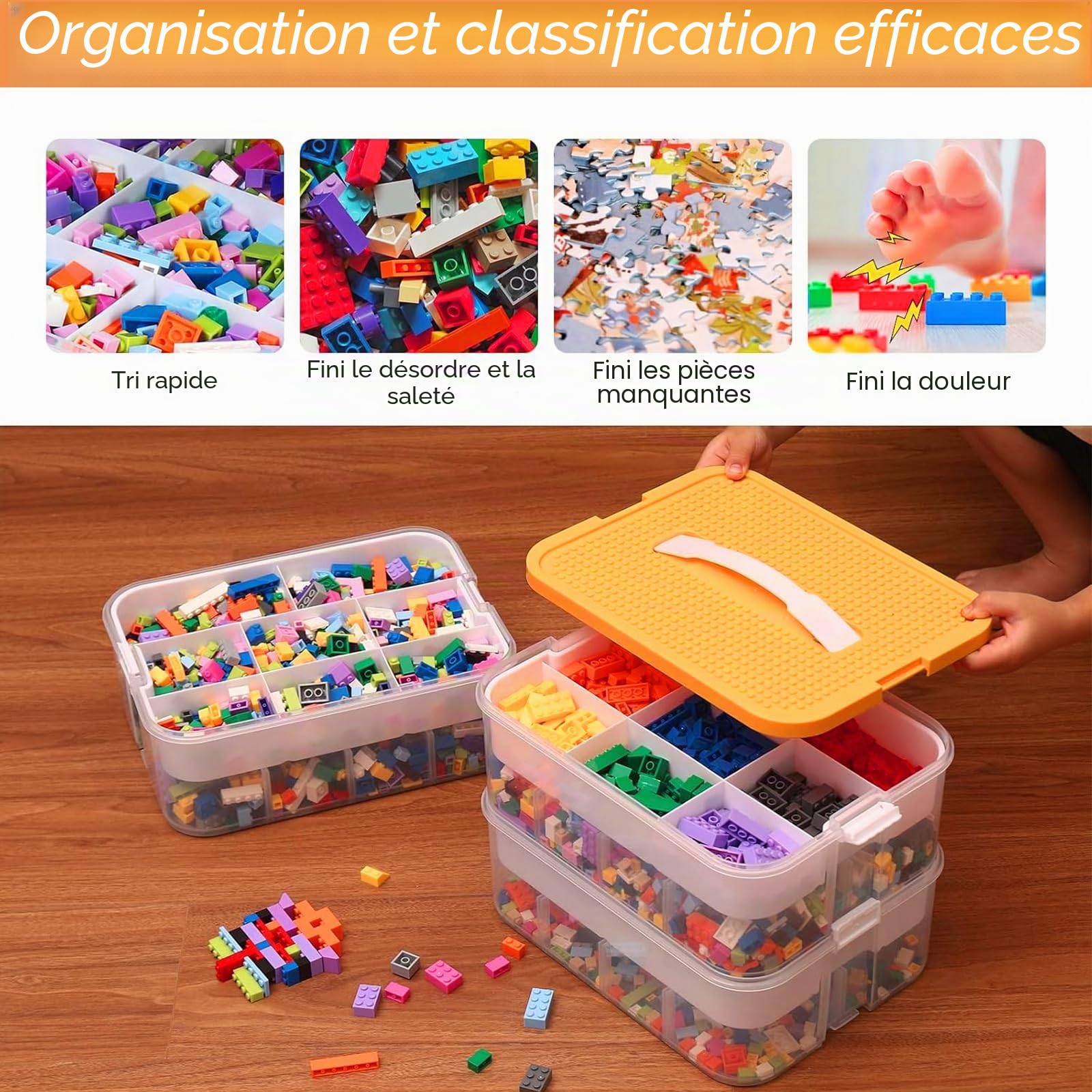 Boite Rangement, Boite de Rangement, Boite de Rangement Empilable, Coffre a Jouet, 3 Niveaux Boite Rangement Plastique, Boite Rangement Plastique avec Couvercle pour Blocs de Construction