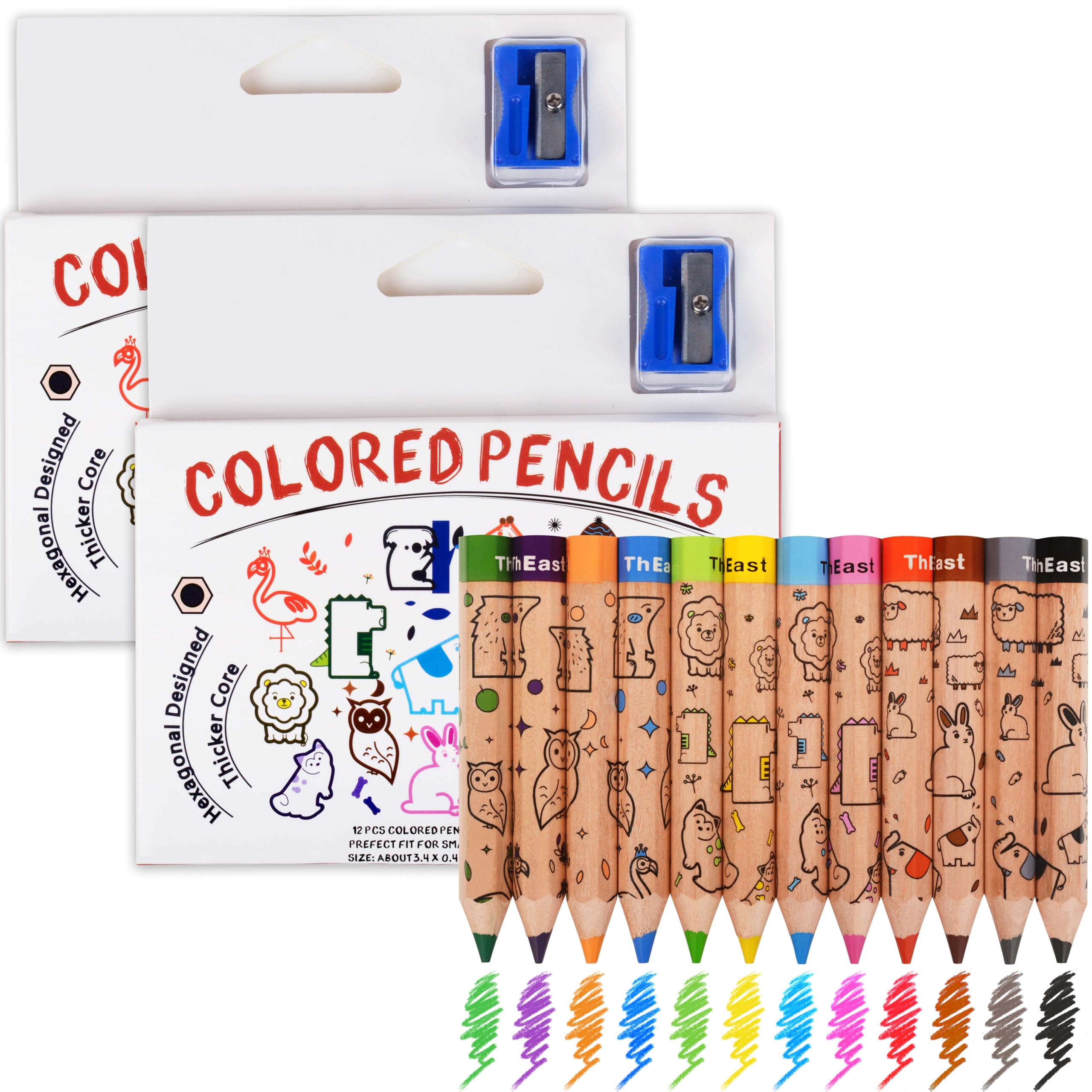 ThEast Set of 12 Short Jumbo Colored Pencils Cute Animal Line Pencils for Kids 3-12 Years Old with Hexagon Design Valentine's Day Sharpener Pre-Sharpened (Pack of 2)