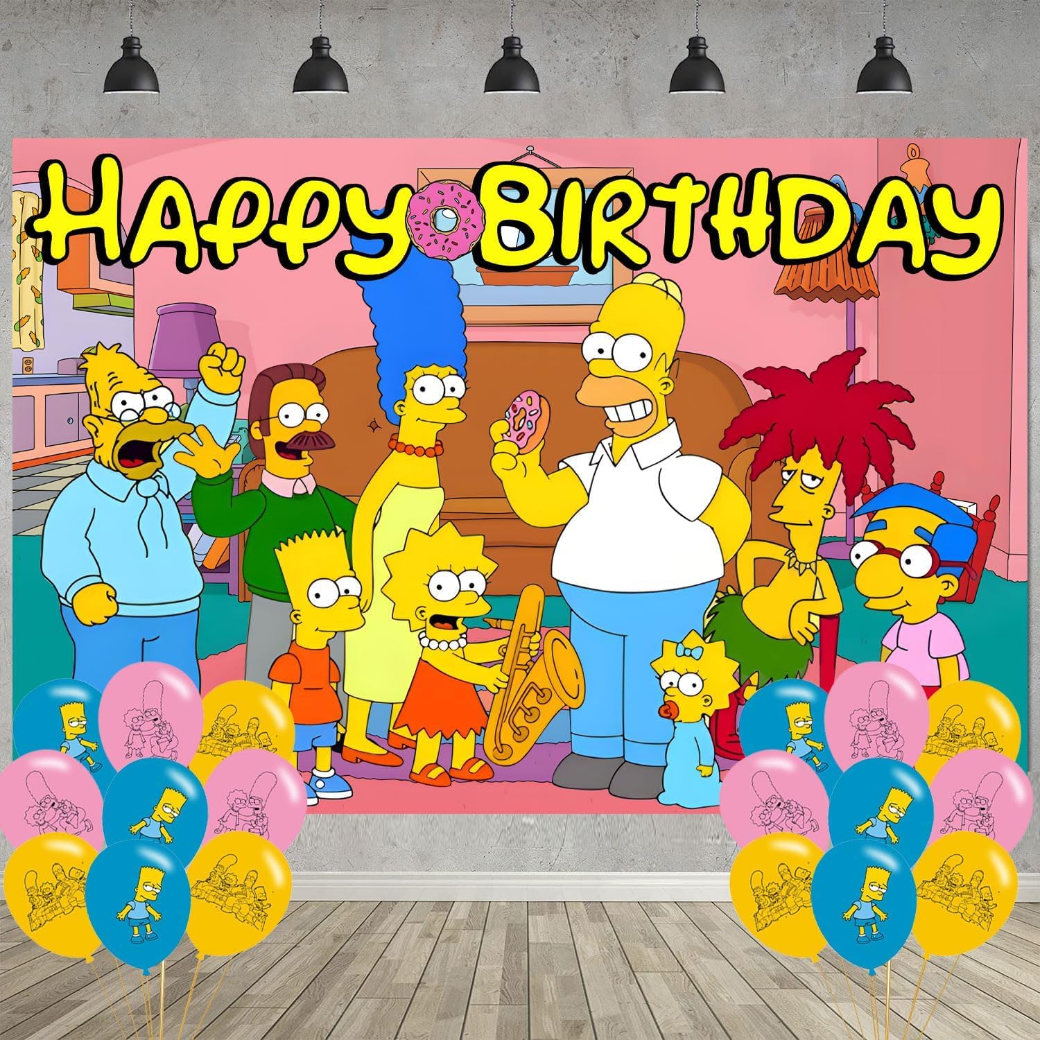 𝓢𝓲𝓶𝓹𝓼𝓸𝓷 Birthday Party Decoration,𝓢𝓲𝓶𝓹𝓼𝓸𝓷 Party Photo Background 5 x 3 FT and 18 Pcs Balloon,Cartoon Merch Party Backdrop Supplies