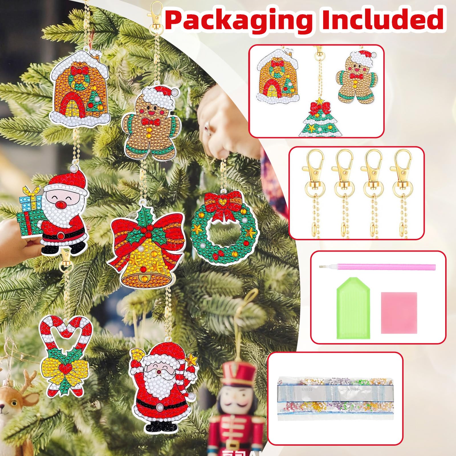 HARIKIKI Diamond Painting Portachiavi, 12 Pezzi Diamond Painting Natale Pittura diamante 5D fai da te Mosaico Bambini Painting Pendant Diamond Painting Ciondoli Keychain Kit