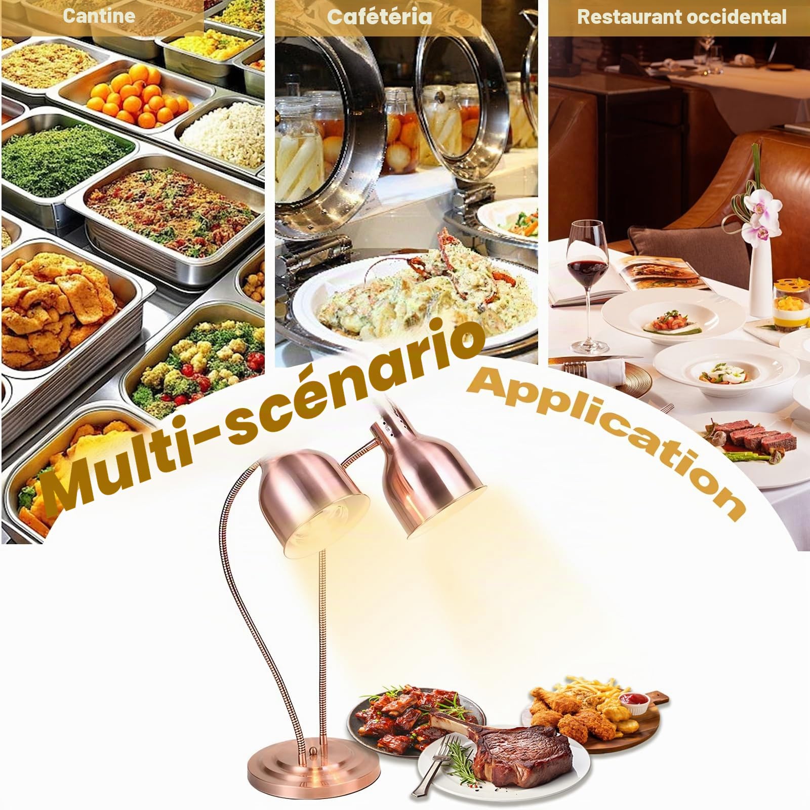 Lampes Chauffantes Alimentaires - Tuyau RéGlable à 360° - 2 Lampes Chauffantes Infrarouges De 250 W - Extensible Jusqu'à 70 Cm - pour Cuisine Buffet, Restaurant Et HôTel (Rose Doré, S-Shape)