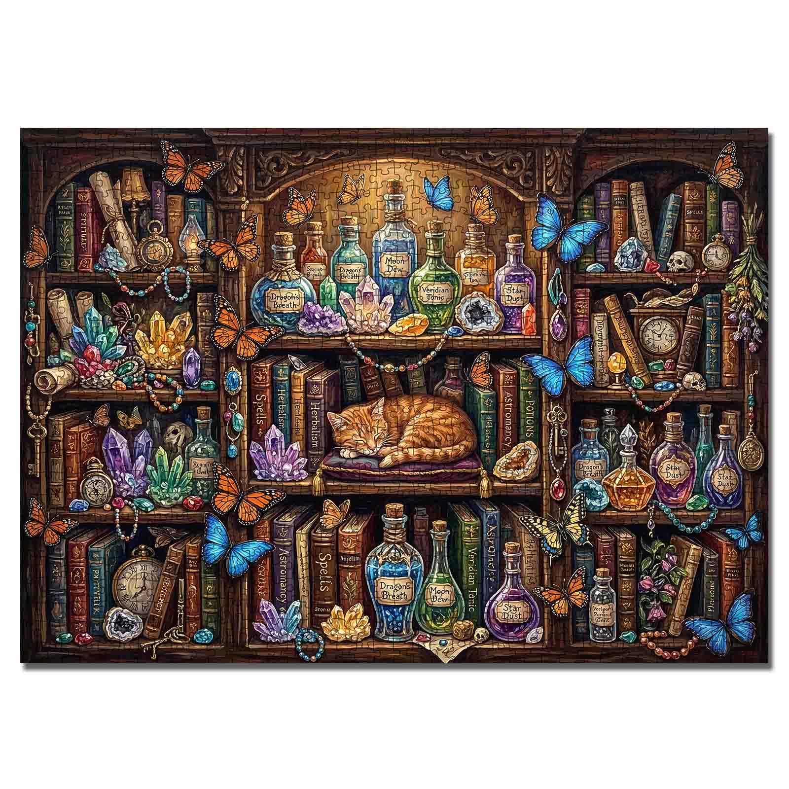 Cozy Bookshelf 1000 Piece Jigsaw Puzzles for Adults Magic Library Jigsaw Puzzle for Challenging Family Activity Game Witchy Books Shelf Puzzle for Home Decor Gifts 19.7"x27.6"
