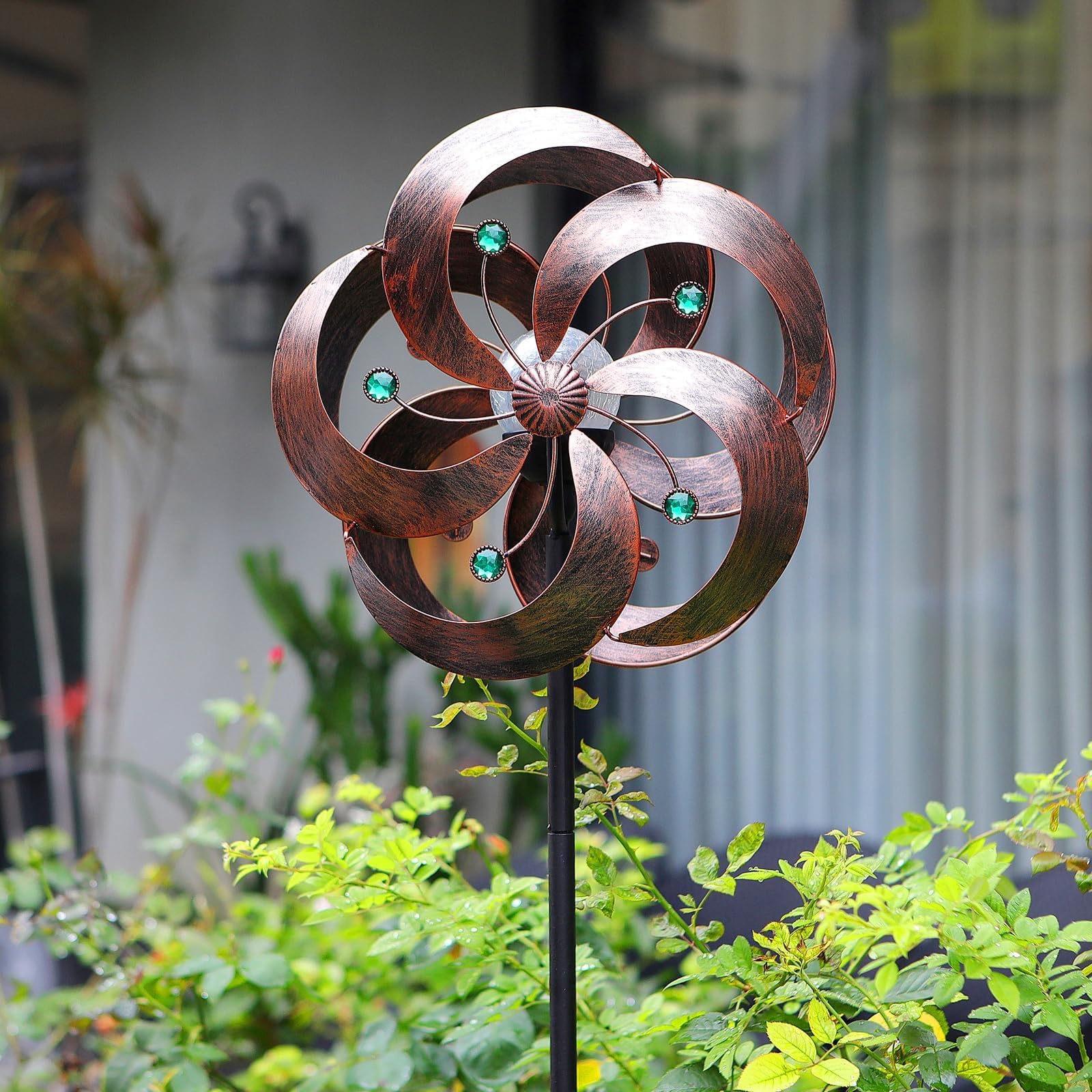 Solar Wind Spinner Improved 360 Degrees Swivel Multi-Color LED Lighting Glass Ball with Kinetic Wind Spinner Vertical Metal Sculpture Stake Construction for Outdoor Yard Lawn & Garden.