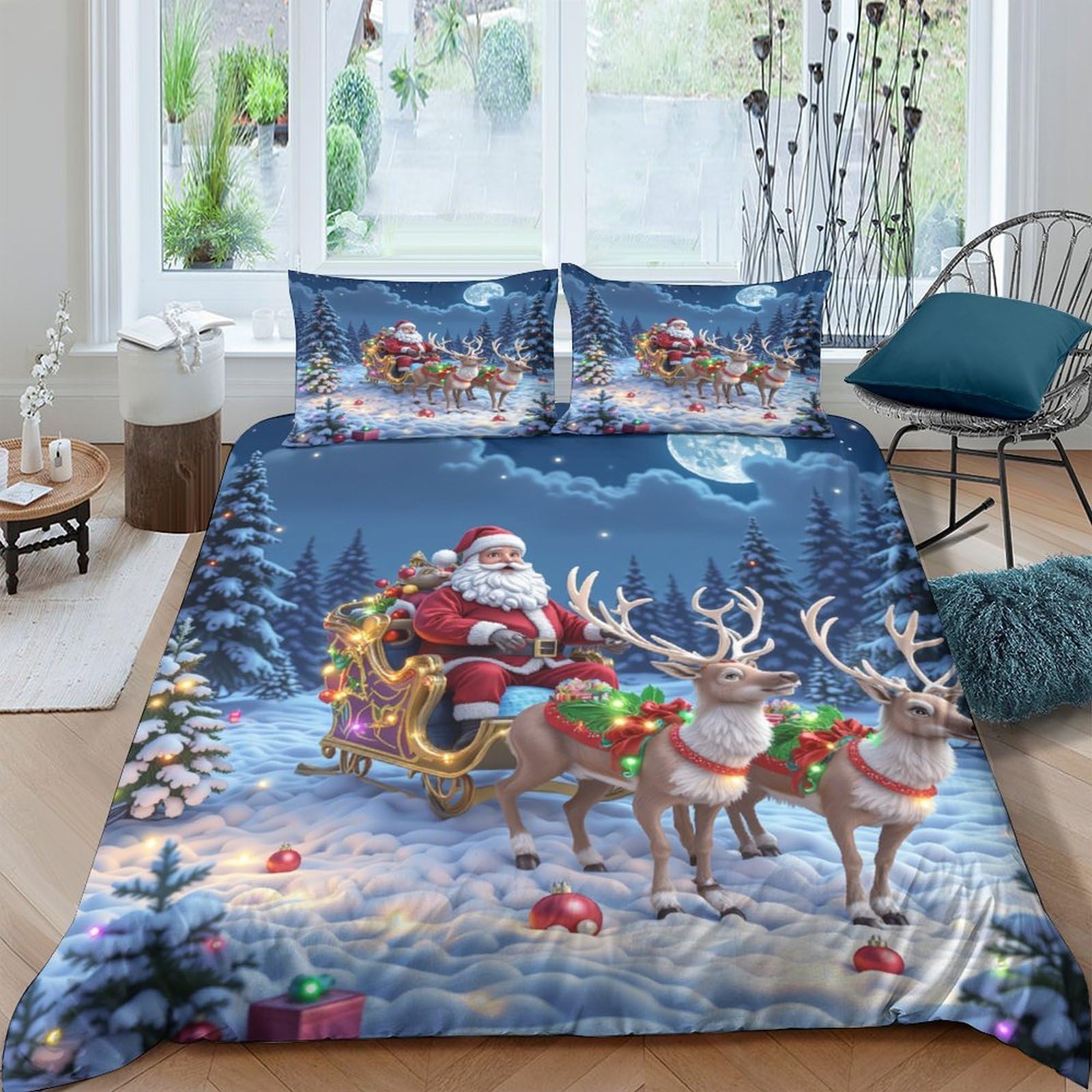 Ctjqhvkz Style-9 3D Printed Christmas Santa Sleigh Fitted Sheet Microfiber Soft Blue Winter Reindeer Mattress Cover For Bedroom Guestroom Decor Single（135X200cm）