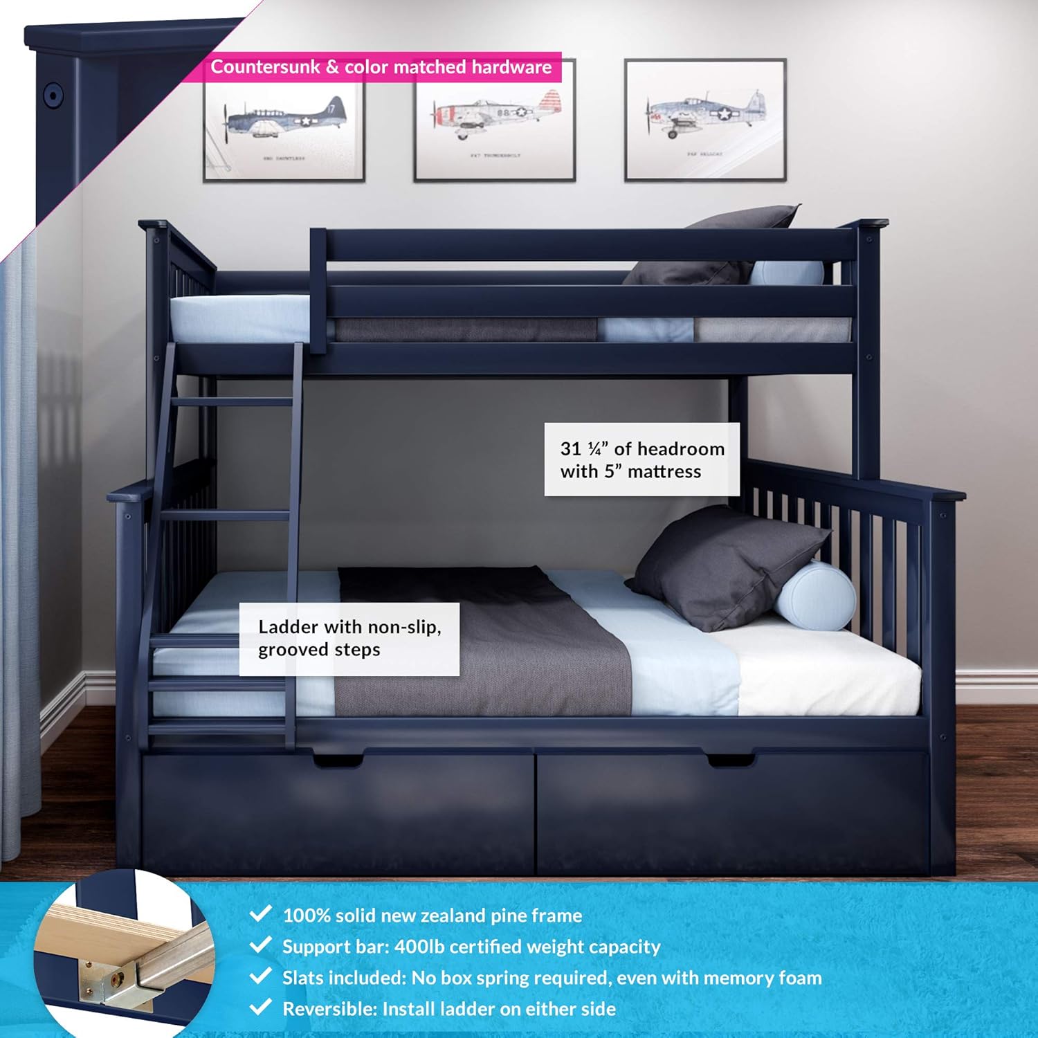 Max & Lily Bunk Bed, Twin-Over-Full Wood Bed Frame for Kids with Storage Drawers, Blue