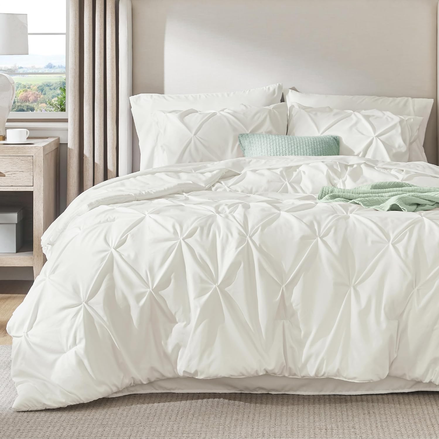 Bedsure California King Comforter Set - Cal King Bed Set 7 Pieces, Pinch Pleat Ivory Cali King Bedding Set with Pintuck Comforter, Sheets, Pillowcases & Shams - Image 2