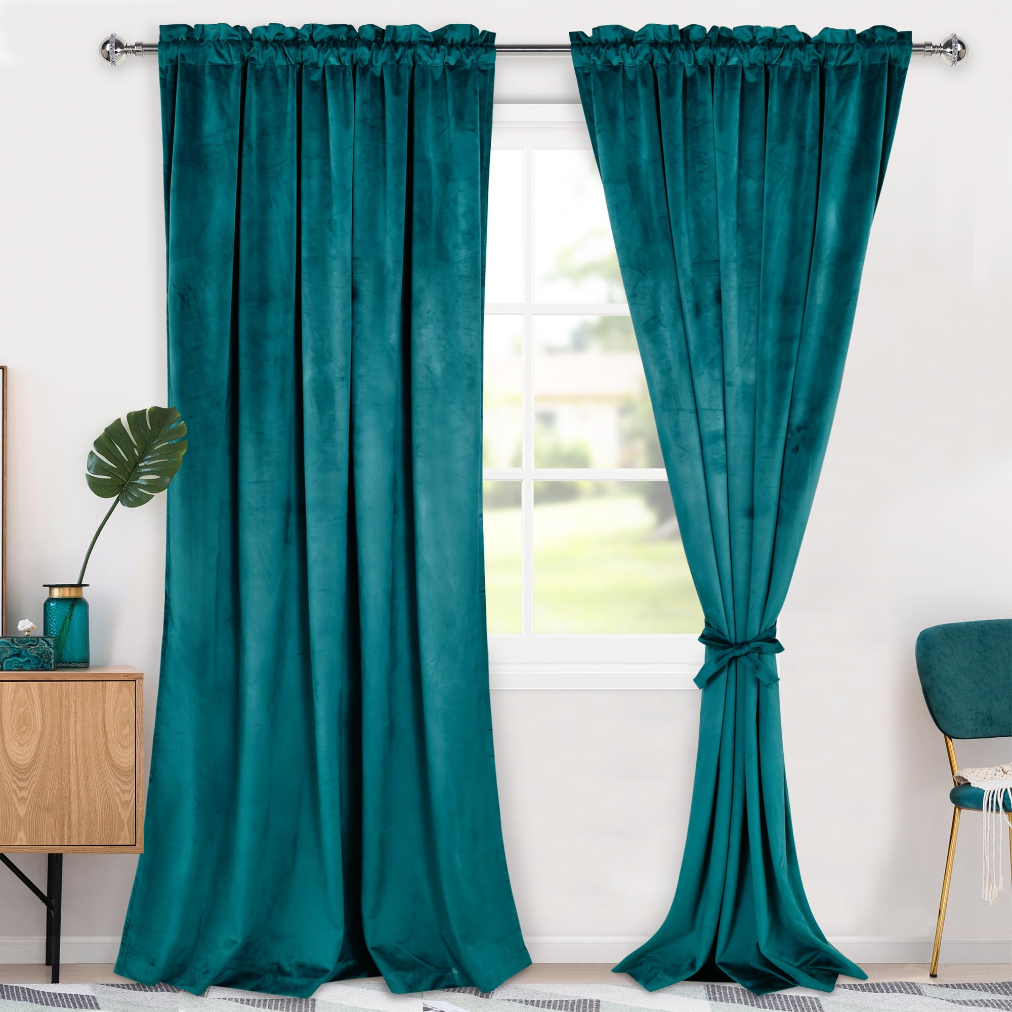 hiasan teal velvet curtains 96 inch blackout rod pocket thermal insulated soft curtains room darkening window drapes with tiebacks for bedroom living room, set of 2 panels, 60w x 96l