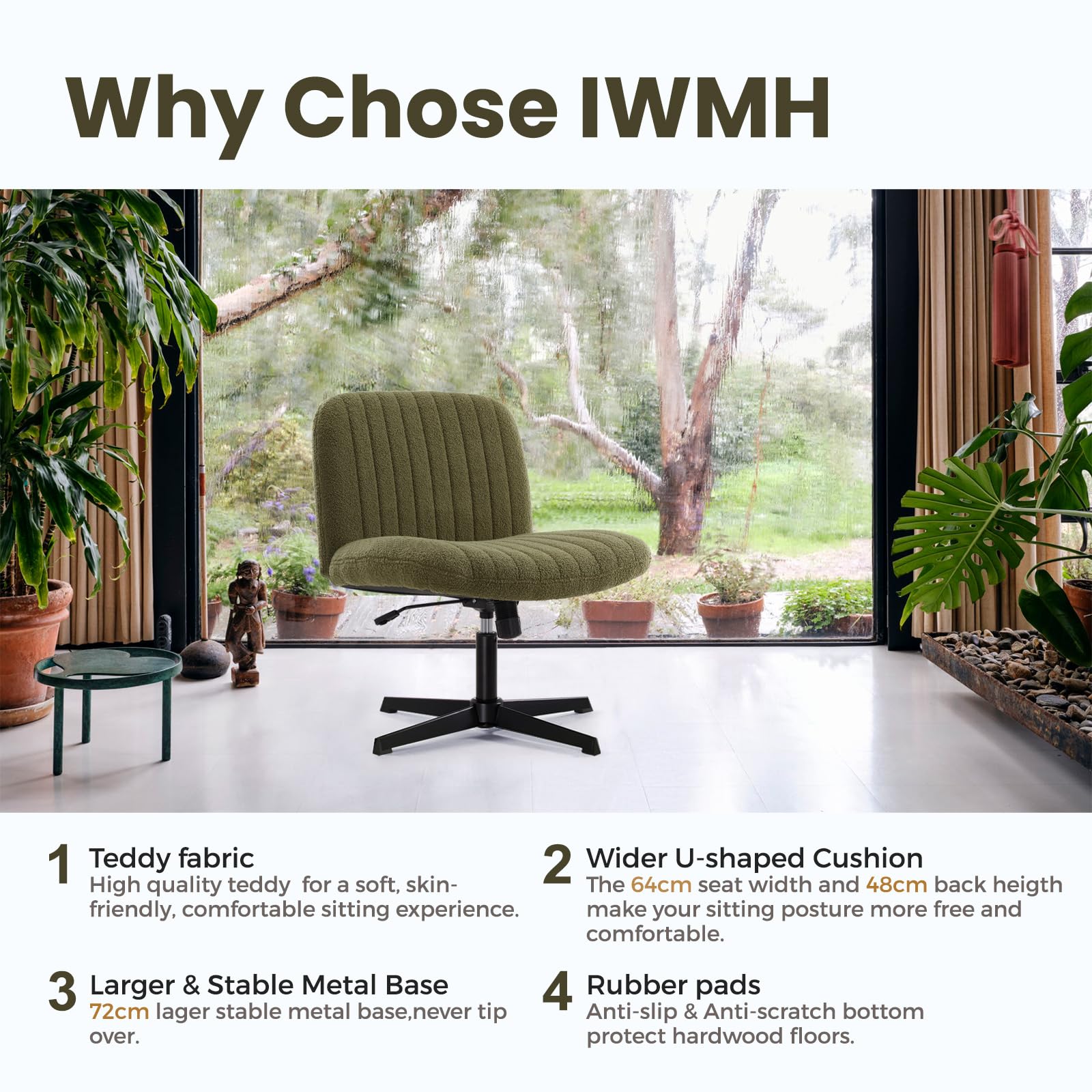 IWMH Bürostuhl ohne Rollen,Bequemer Schreibtischstuhl ohne Armlehnen | Höhenverstellbar Homeoffice Stuhl mit Breite Sitzfläche für Haus,Büro,Schlafzimmer (Grün)